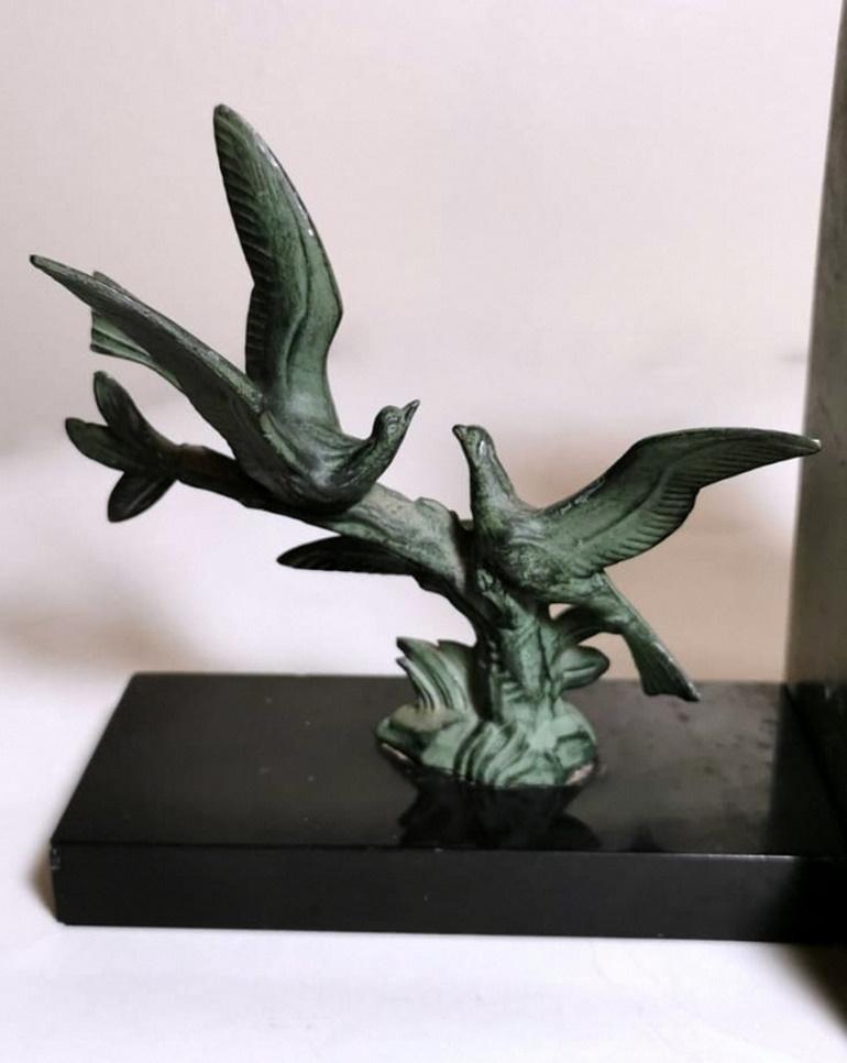Art Deco Pair of Bookends with Metal Birds and Marble Marquinia, 1925 4