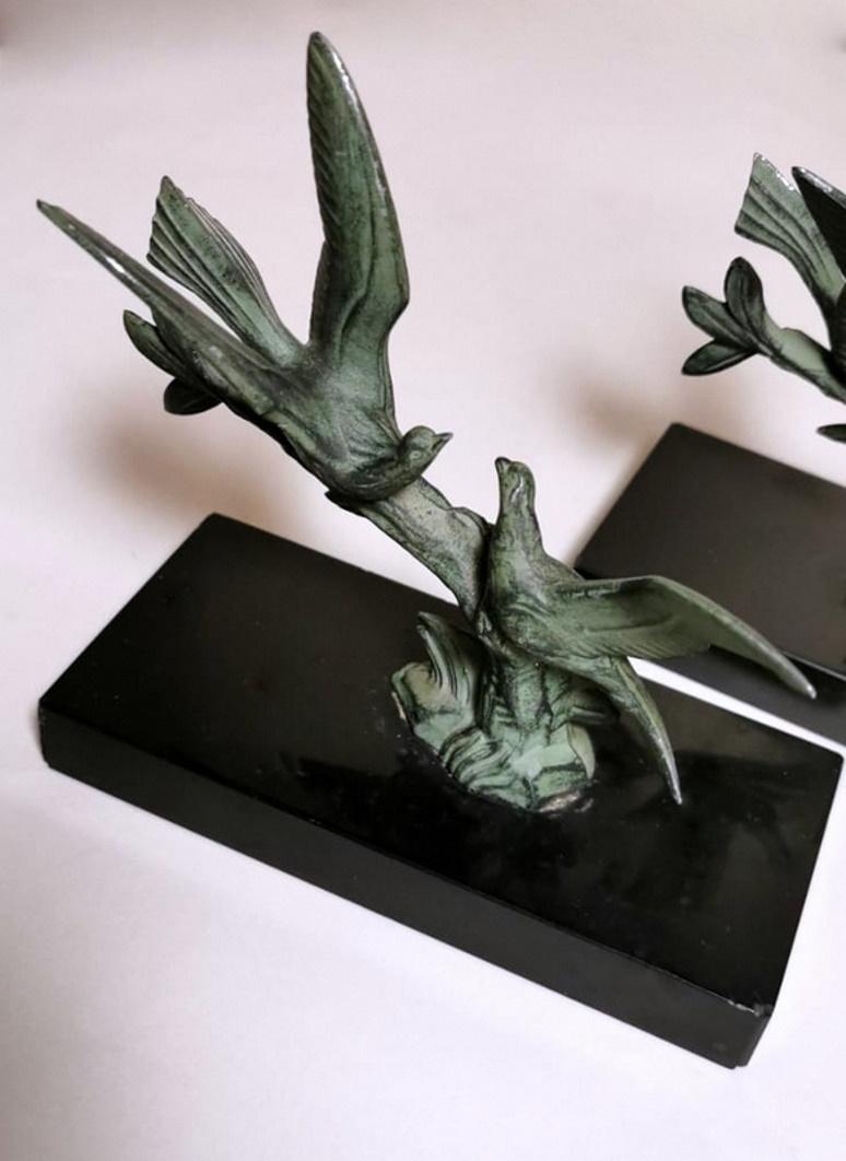Art Deco Pair of Bookends with Metal Birds and Marble Marquinia, 1925 5