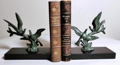 Art Deco Pair of Bookends with Metal Birds and Marble Marquinia, 1925