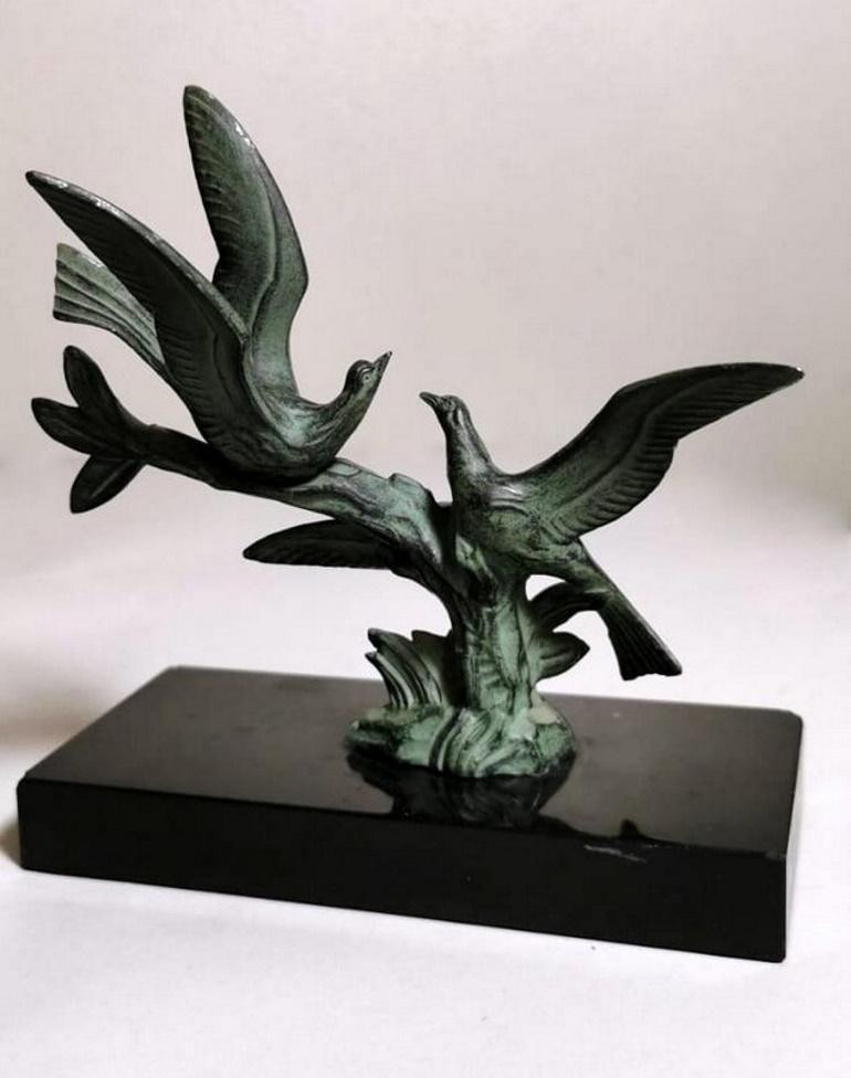 20th Century Art Deco Pair of Bookends with Metal Birds and Marble Marquinia, 1925