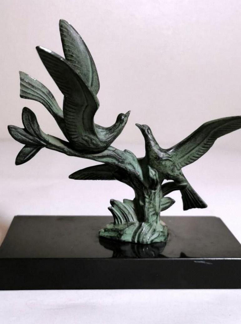 Art Deco Pair of Bookends with Metal Birds and Marble Marquinia, 1925 1