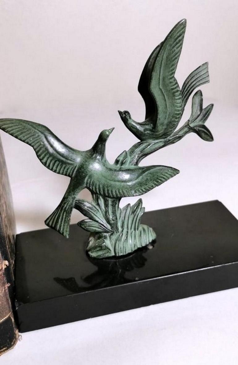 Art Deco Pair of Bookends with Metal Birds and Marble Marquinia, 1925 2