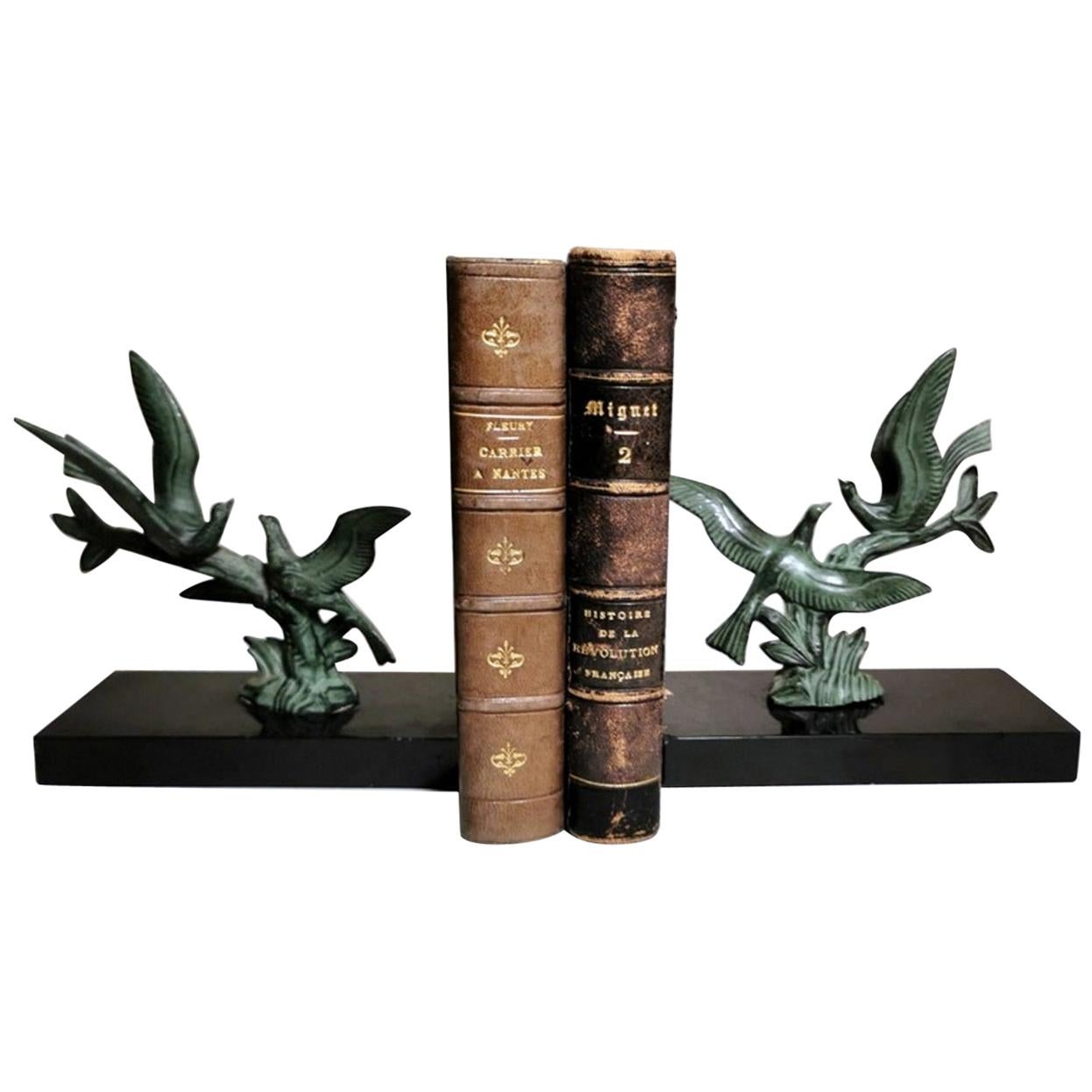 Art Deco Pair of Bookends with Metal Birds and Marble Marquinia, 1925