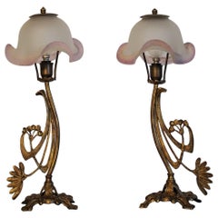 Art Deco Pair of Bronze Table Lamps with Art Glass Shades