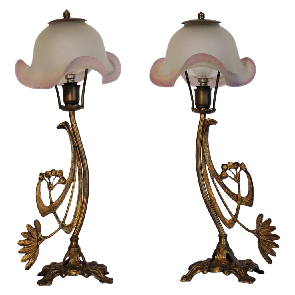 Art Deco Pair of Bronze Table Lamps with Art Glass Shades