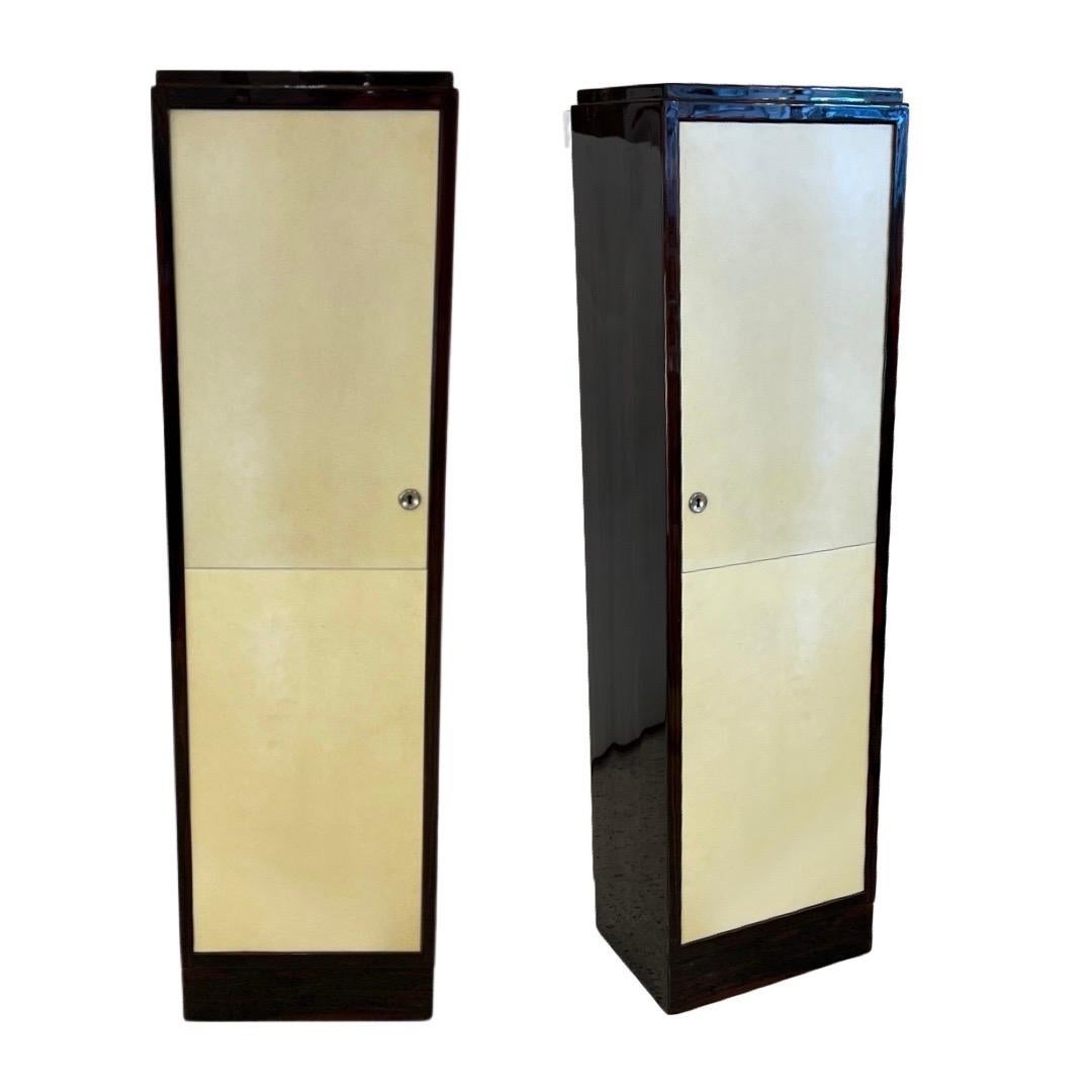 Art Deco pair of small cabinets made of Makassar ebony with Goat skin doors.
Made in France.
circa: 1930.
 