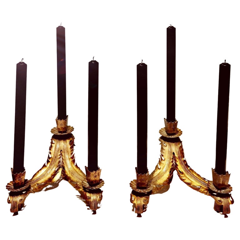Art Deco Pair of Candle Holders Brass Gilt For Sale at 1stDibs
