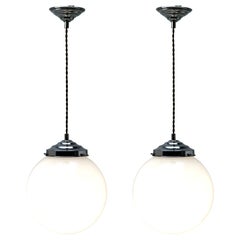 Art Deco Pair of Ceiling Lamps, Val Saint-Lambert Belgium Glass Shade, 1930s