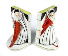 Art Deco Pair of Ceramic Bookends 'Pierrot and Pierrette', c1930