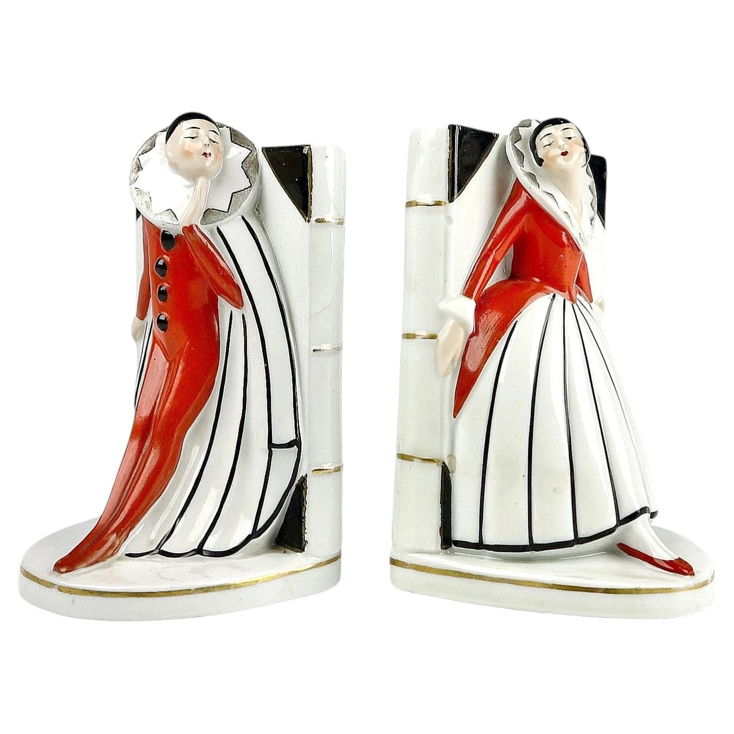 Art Deco Pair of Ceramic Bookends 'Pierrot and Pierrette', c1930