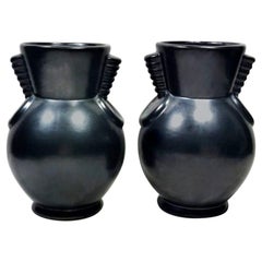 Vintage Art Deco Pair of Ceramic Vases Anthracite Blanche Letalle St Clement France