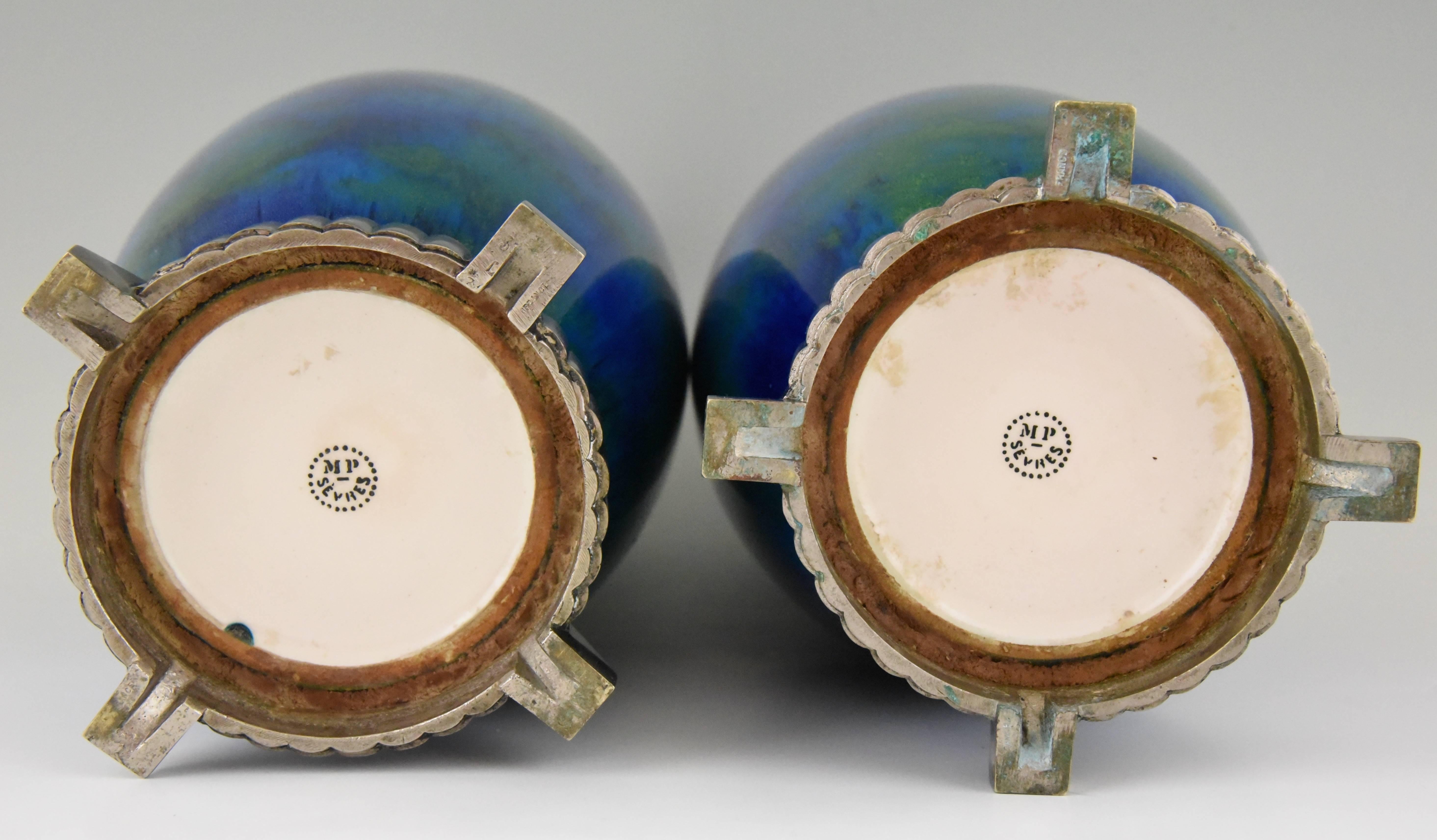 Art Deco Pair of Ceramic Vases-Urns with Blue Glaze  Paul Milet for Sèvres, 1925 2
