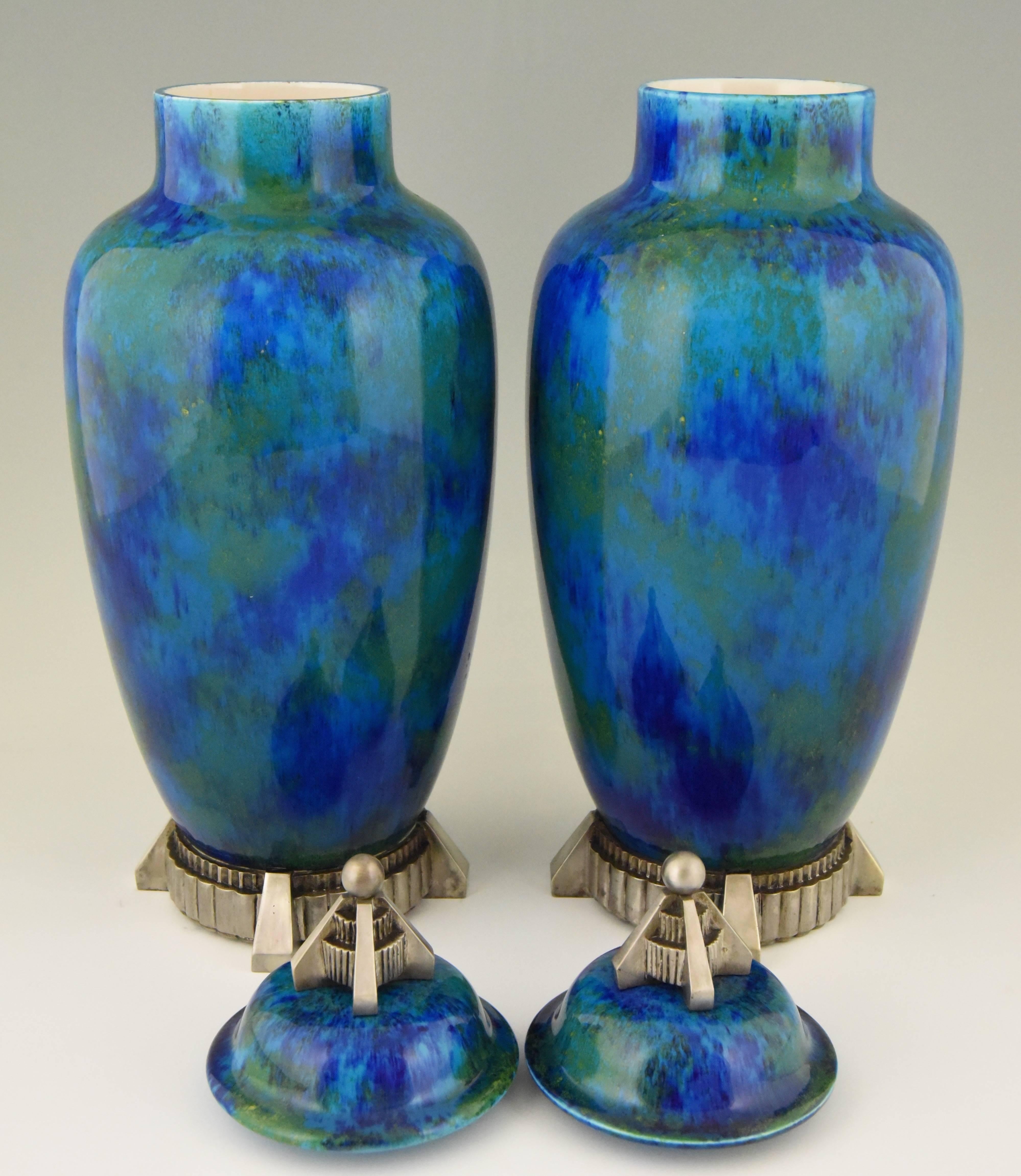French Art Deco Pair of Ceramic Vases-Urns with Blue Glaze  Paul Milet for Sèvres, 1925