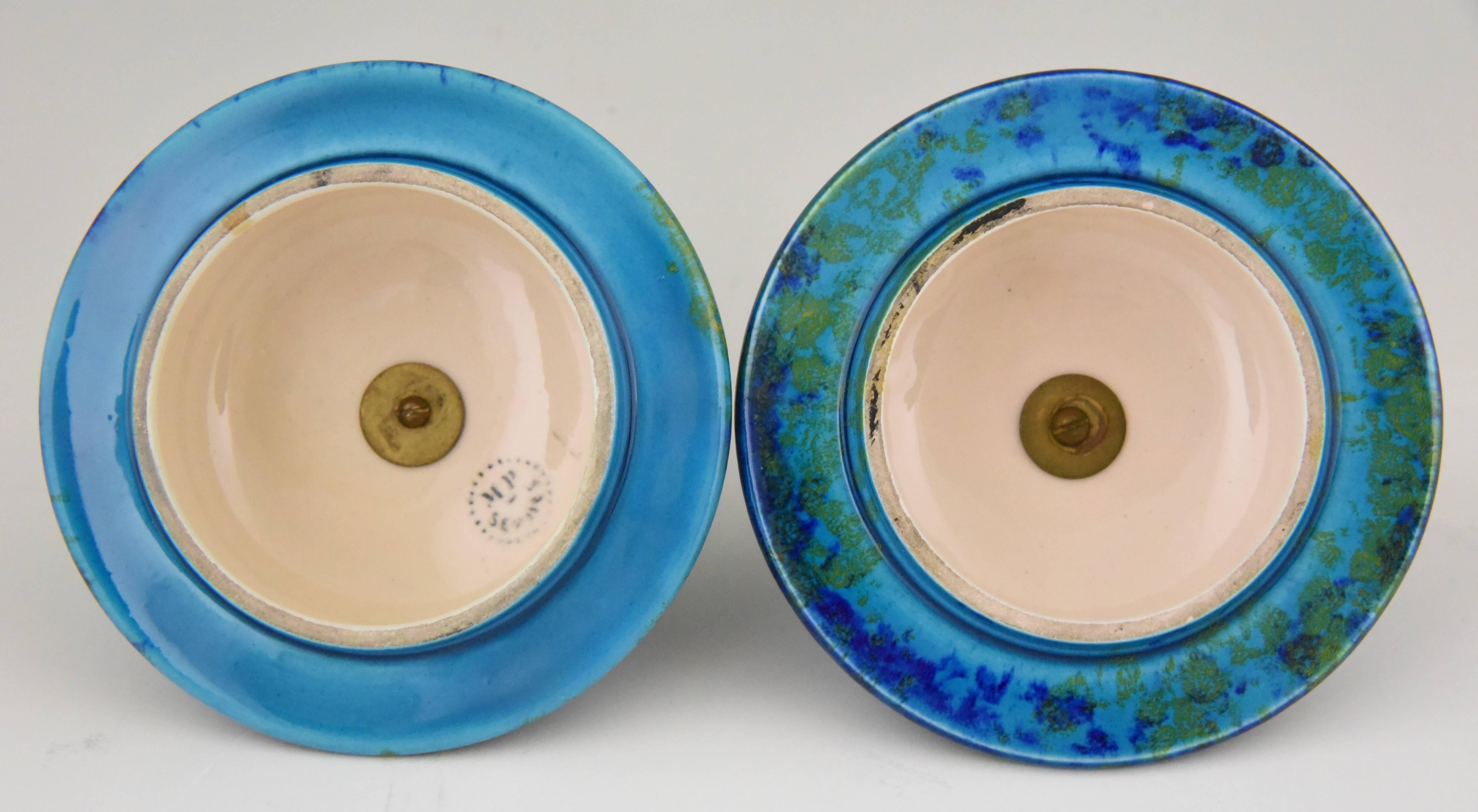 Bronze Art Deco Pair of Ceramic Vases-Urns with Blue Glaze  Paul Milet for Sèvres, 1925