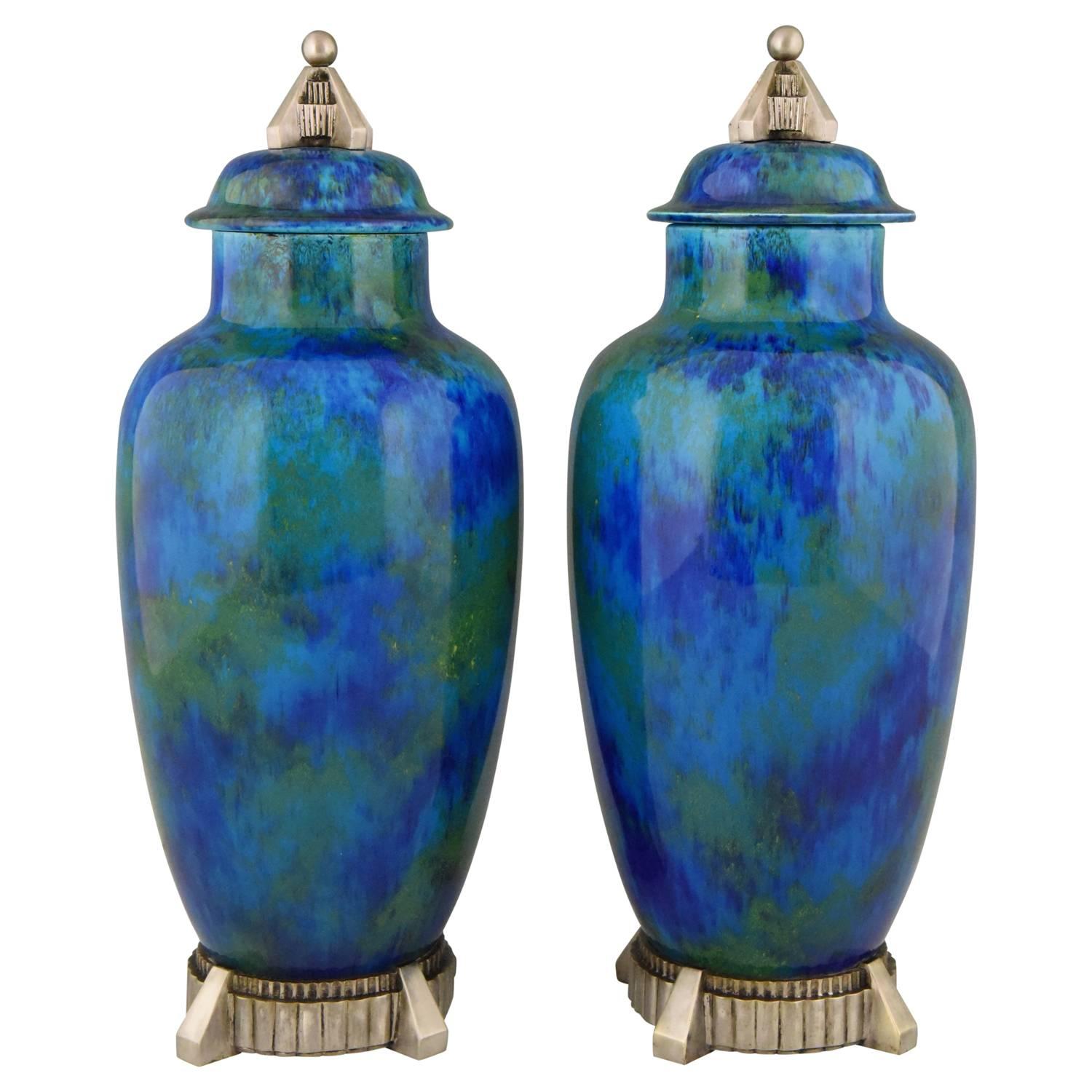 Art Deco Pair of Ceramic Vases-Urns with Blue Glaze  Paul Milet for Sèvres, 1925