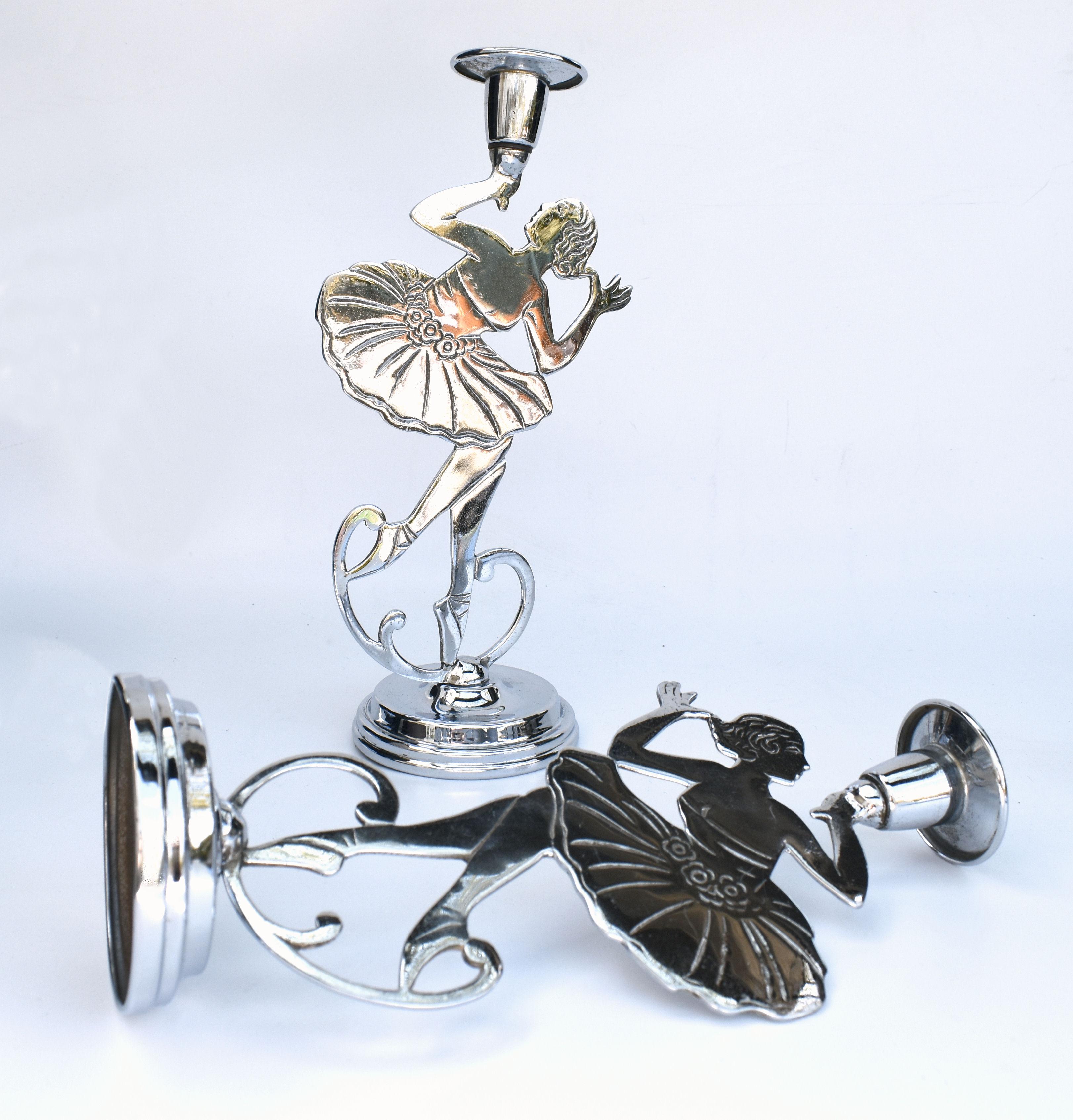 20th Century Art Deco Pair Of Chrome Dancing Ladies Candlesticks, English, c1930 For Sale