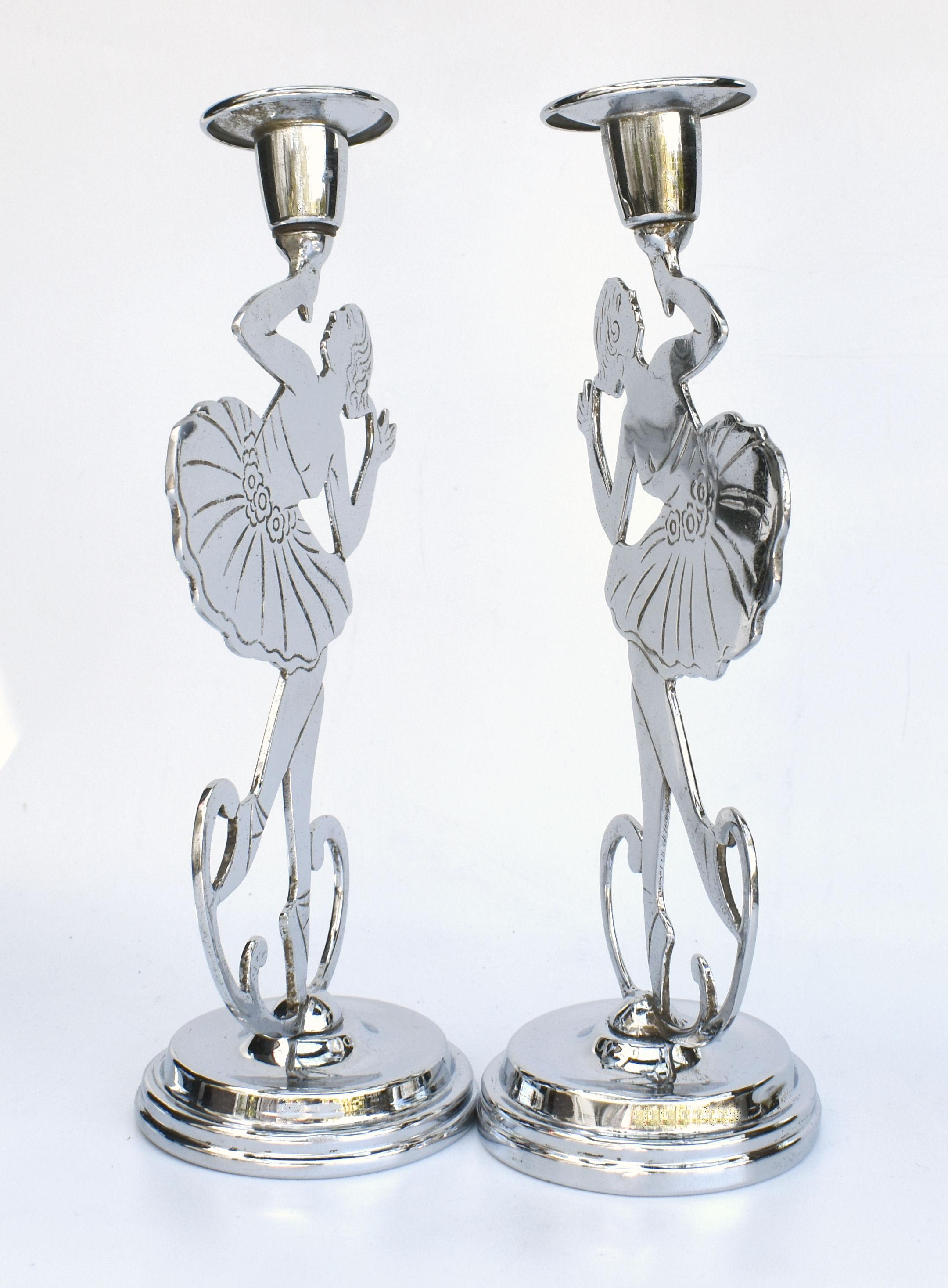 Art Deco Pair Of Chrome Dancing Ladies Candlesticks, English, c1930 For Sale 2