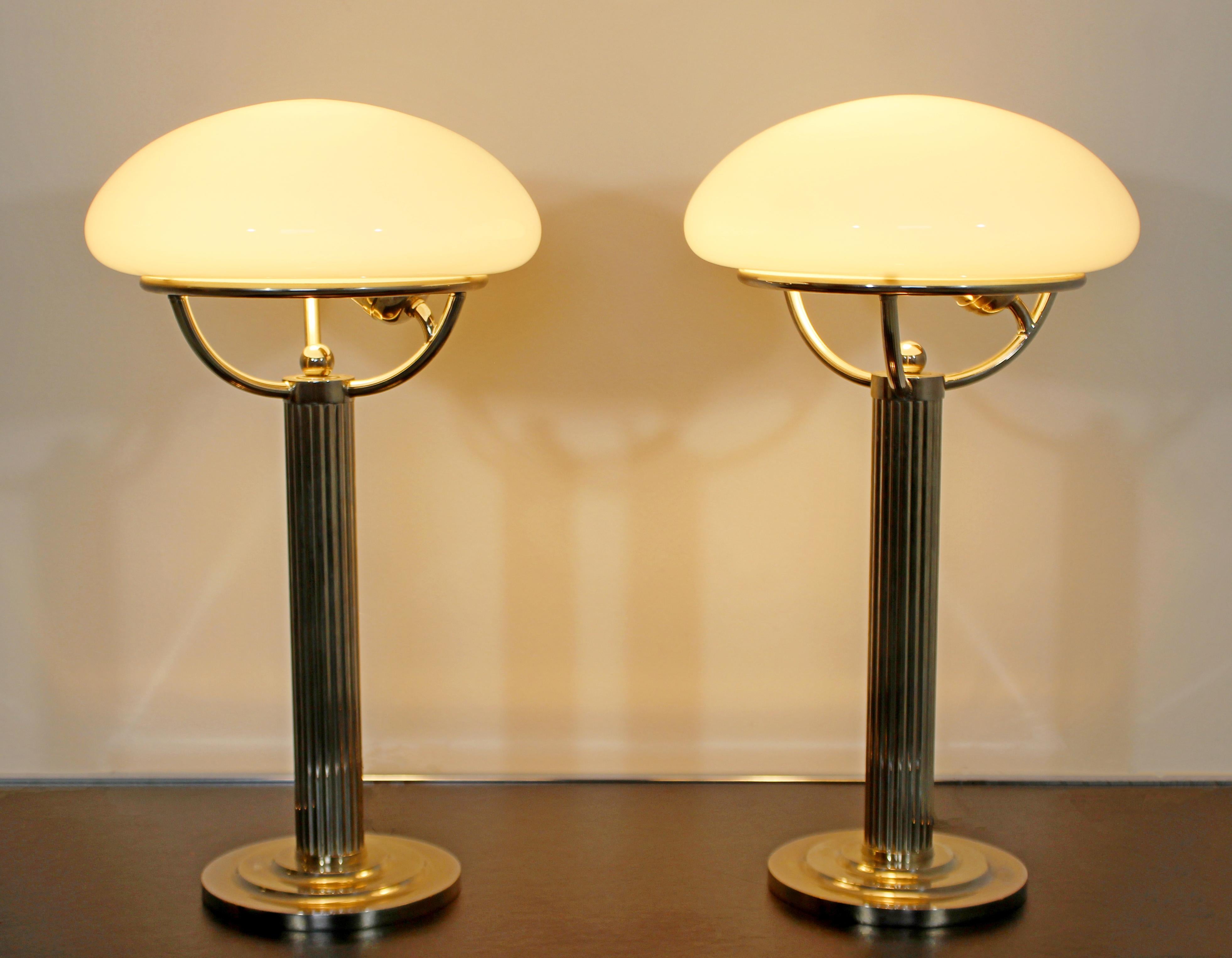 For your consideration is a marvelous pair of chrome table lamps, with glass shades, by Adolf Loos, made in Austria, circa 1910. In very good antique condition. The dimensions are 10