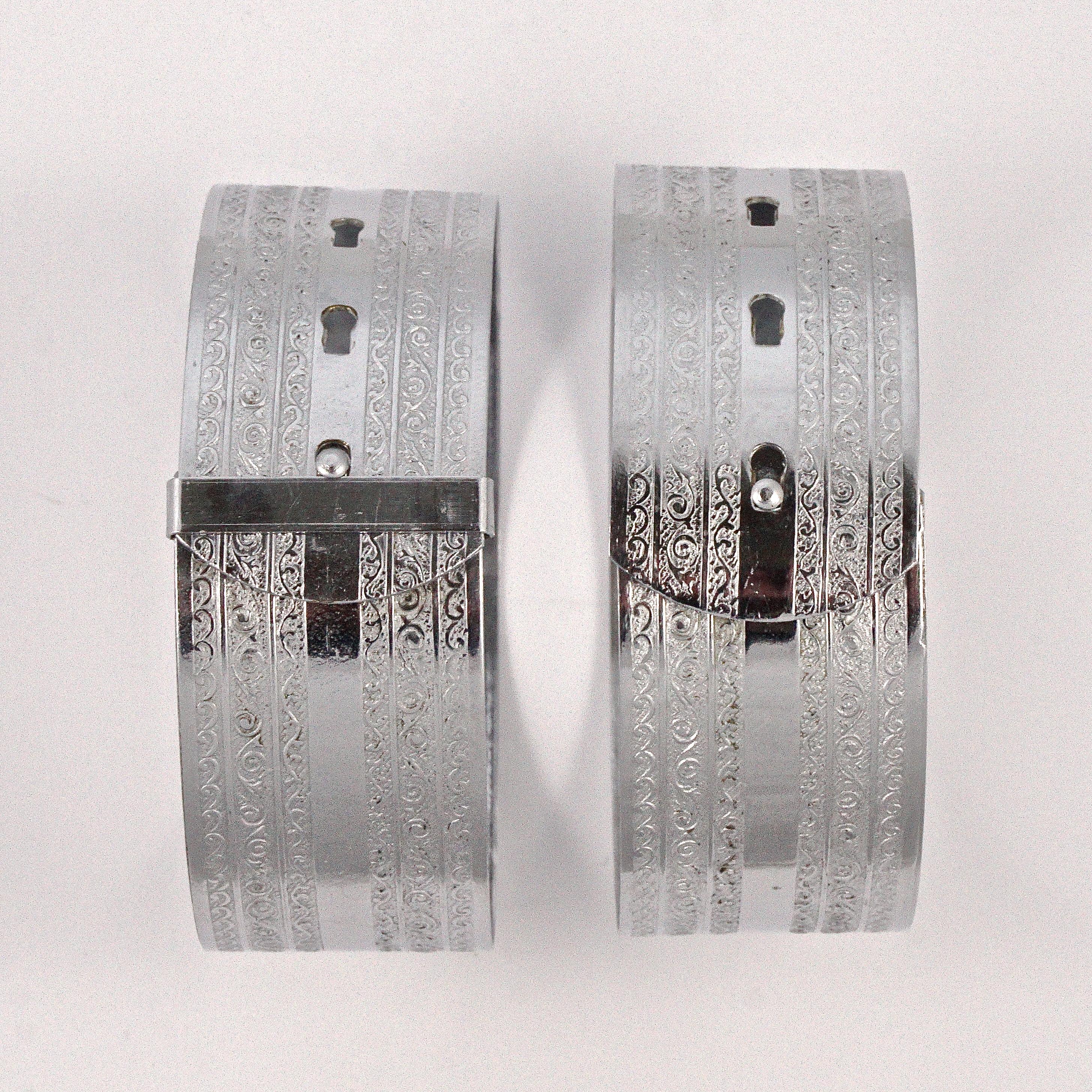 Art Deco Pair of  Chrome Plated Engine Turned Buckle Design Bangle Bracelets In Fair Condition For Sale In London, GB