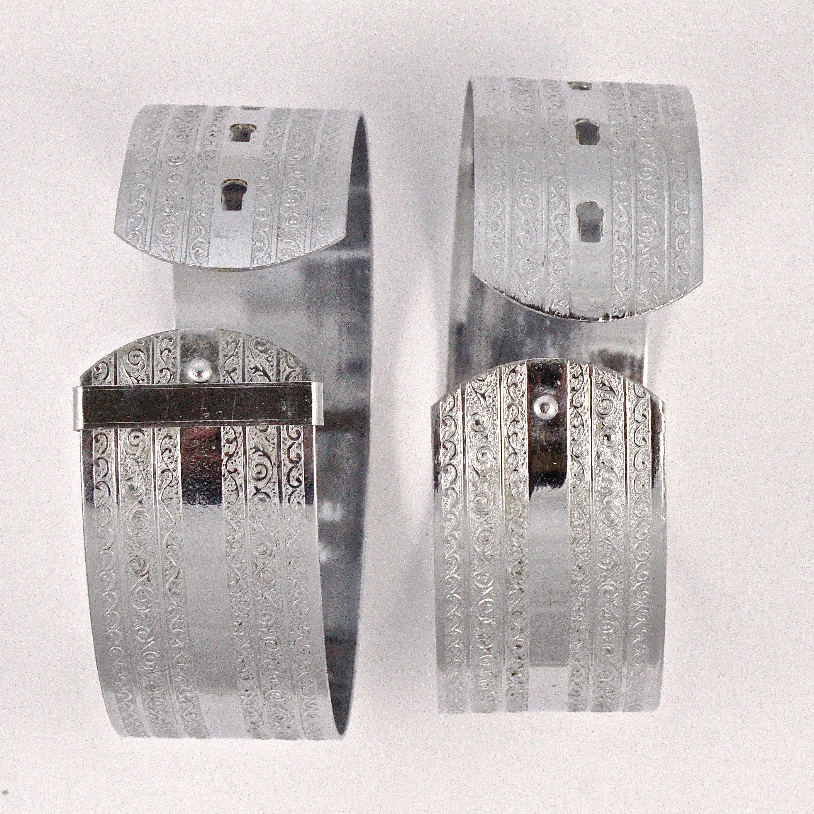 Women's or Men's Art Deco Pair of  Chrome Plated Engine Turned Buckle Design Bangle Bracelets For Sale