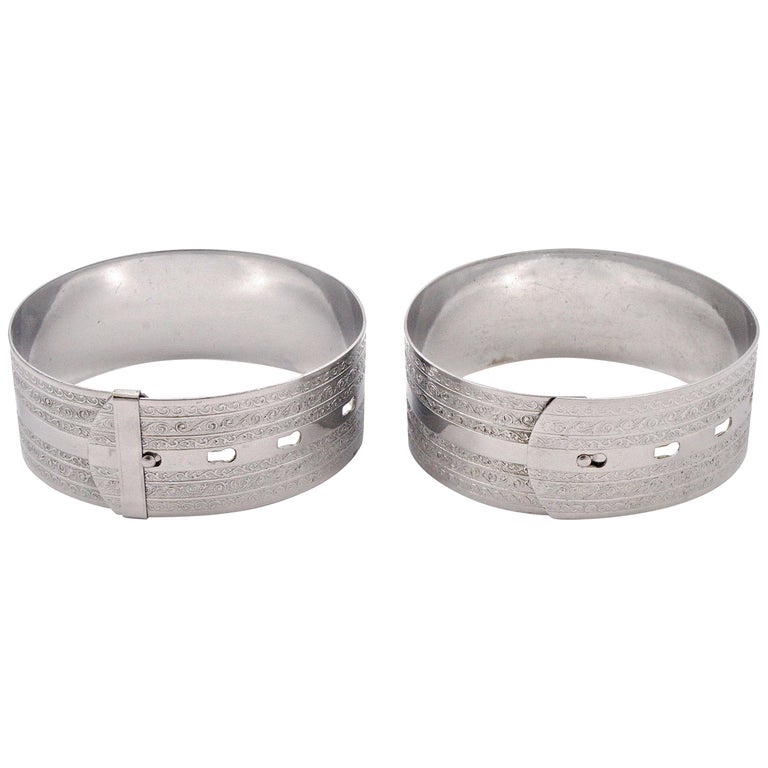 Art Deco Pair of Chrome Plated Engine Turned Buckle Design Bangle ...