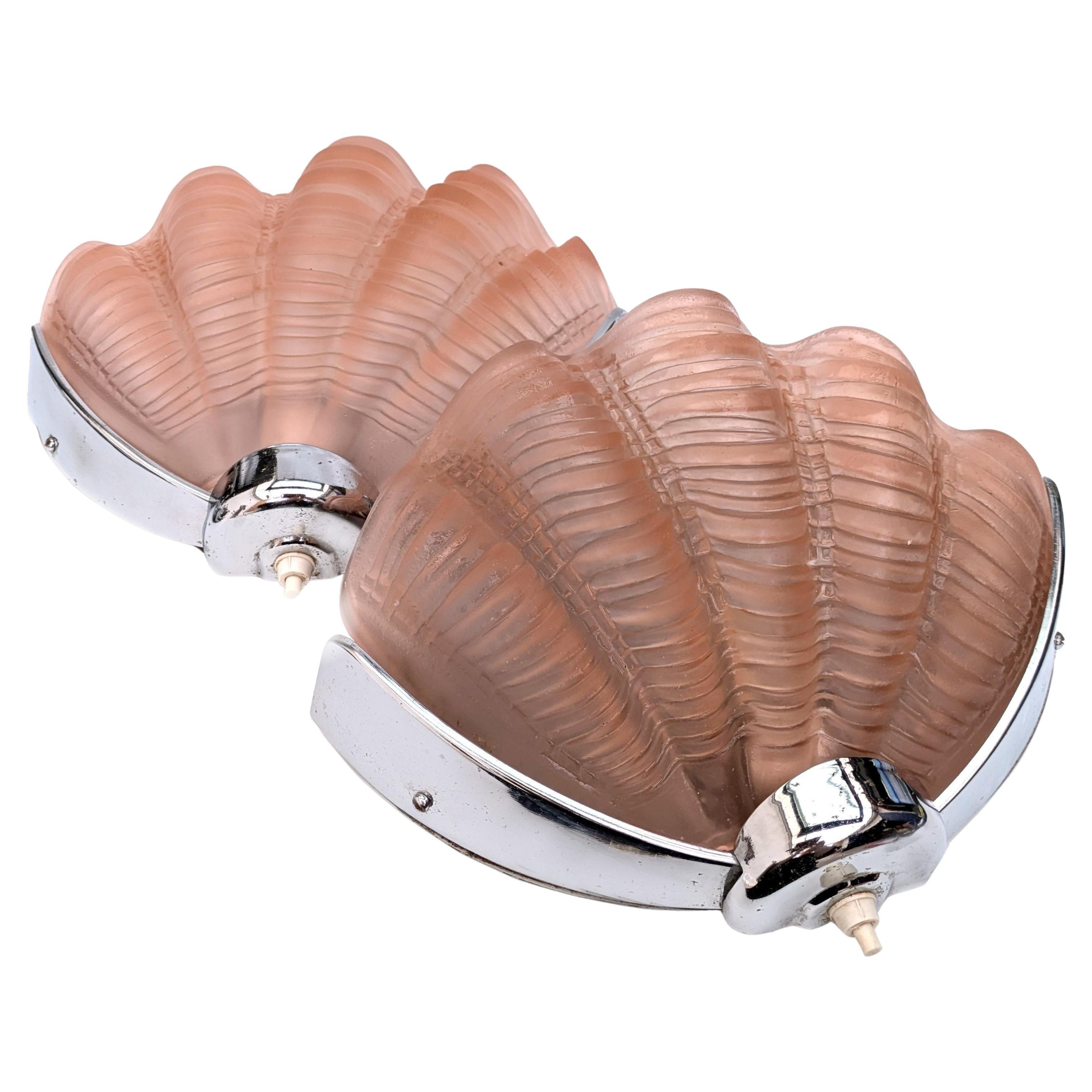 Art Deco Pair of Chrome & Soft Pink Glass Wall Light Sconces, 1930's