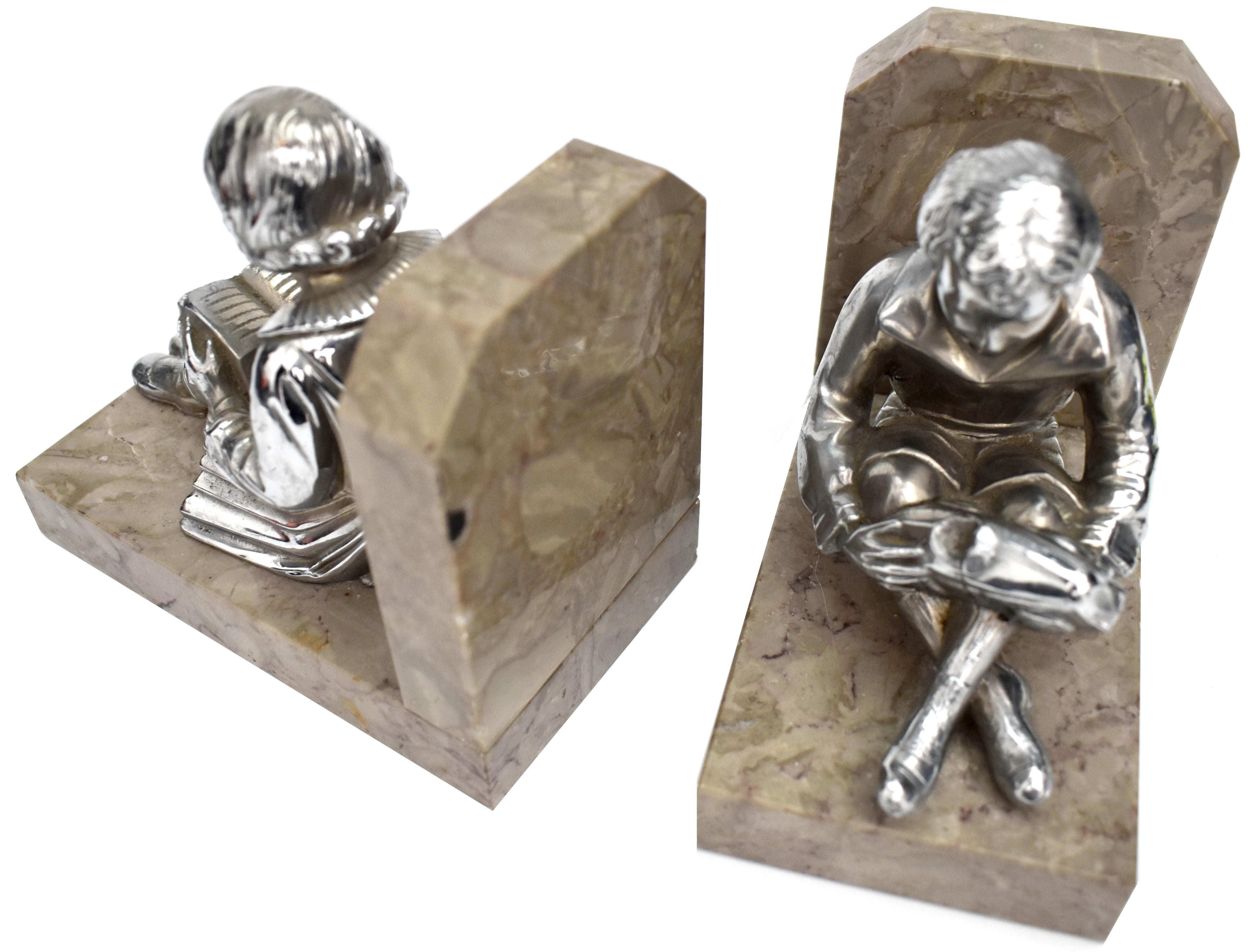 Spelter Art Deco Pair of Chromed Figurative Bookends, French, circa 1930 For Sale