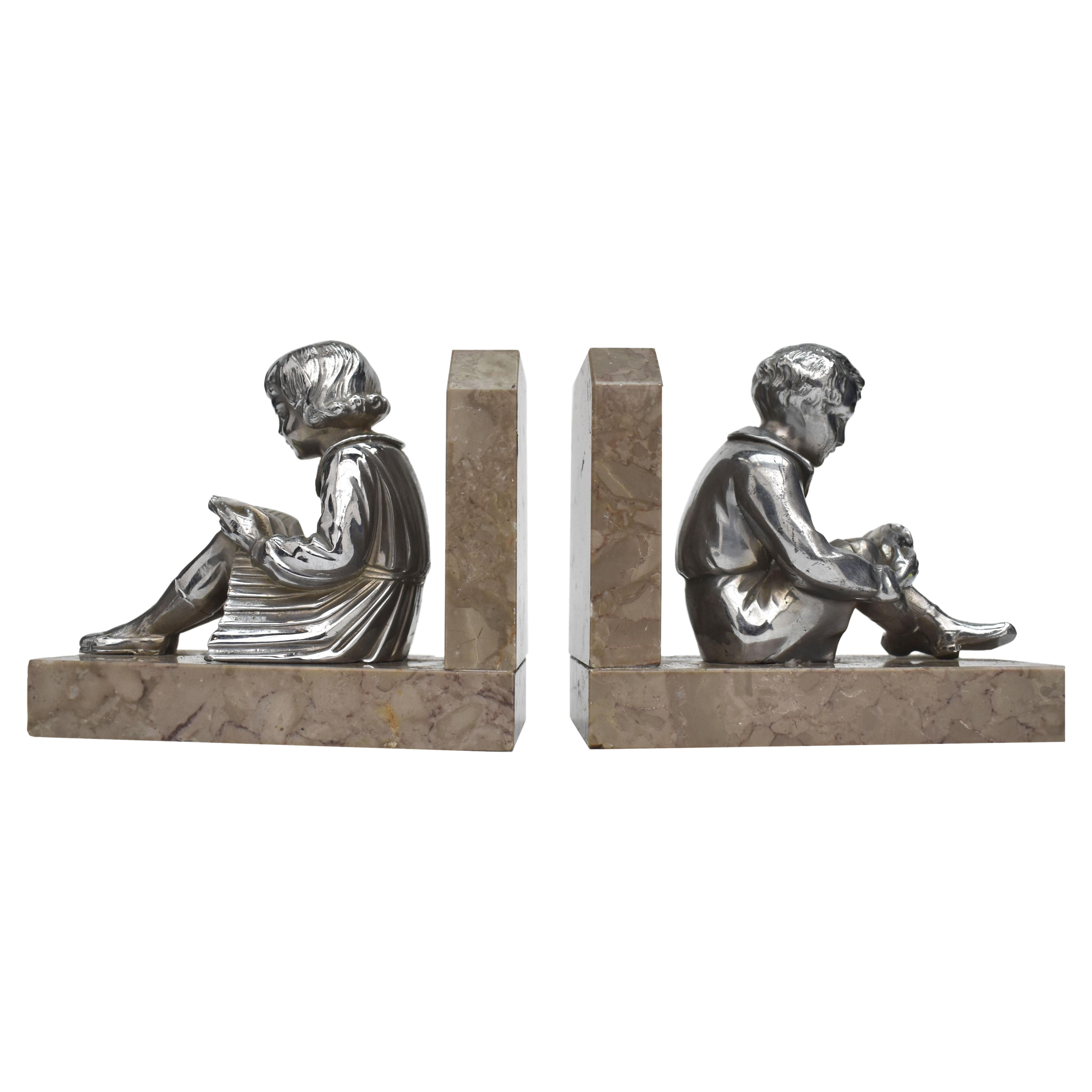 Art Deco Pair of Chromed Figurative Bookends, French, circa 1930 For Sale