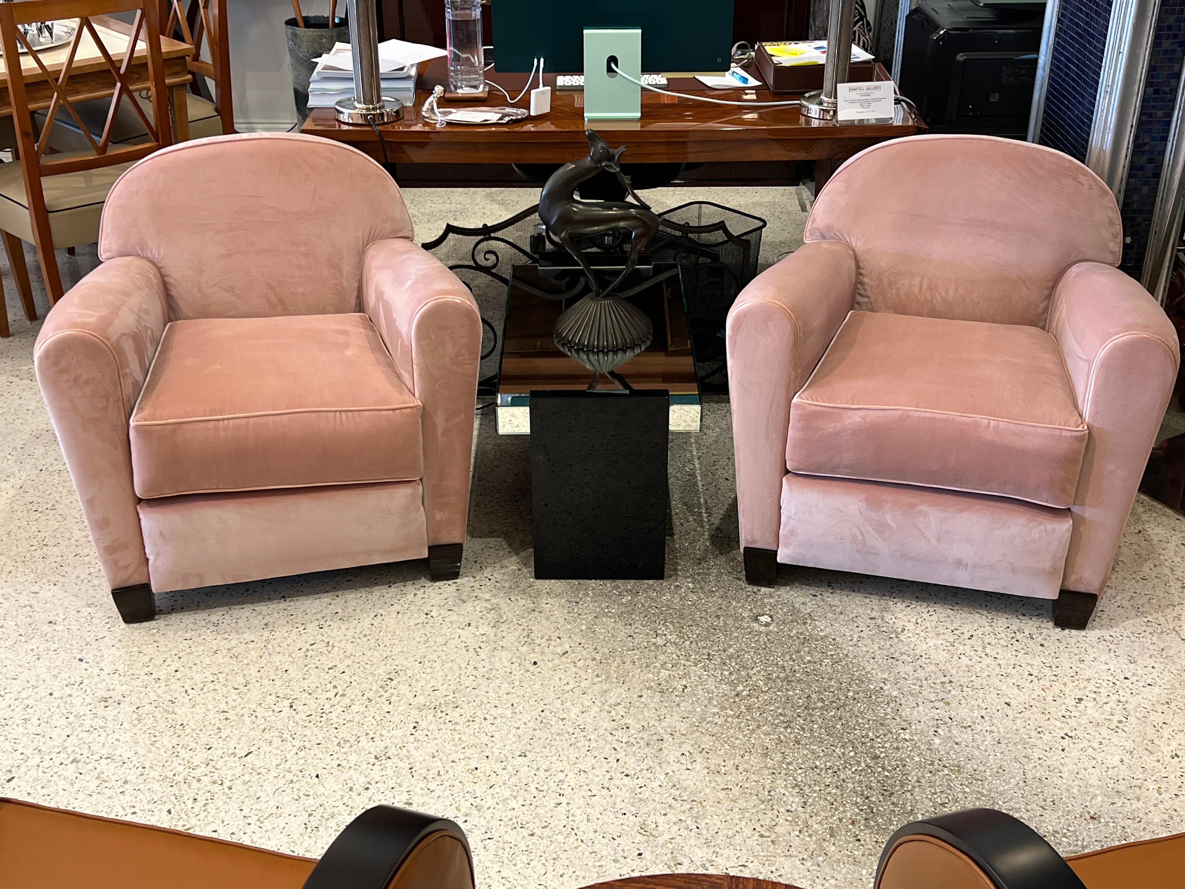 Velvet Art Deco Pair of Club Chairs by Jules Leleu For Sale