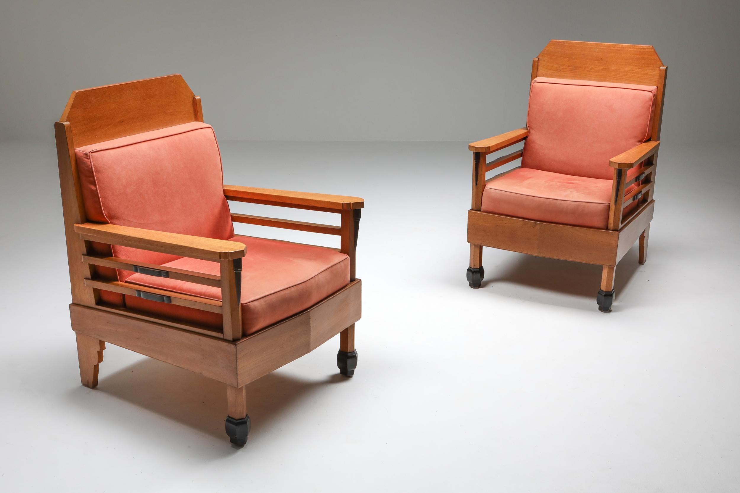Pine and leather Art Deco armchairs, Europe, the 1960s.

These chairs are made with a solid pine frame with nice detailing. The seats are covered in their original pink leather, contrasting the frame. The combination of these materials forms a