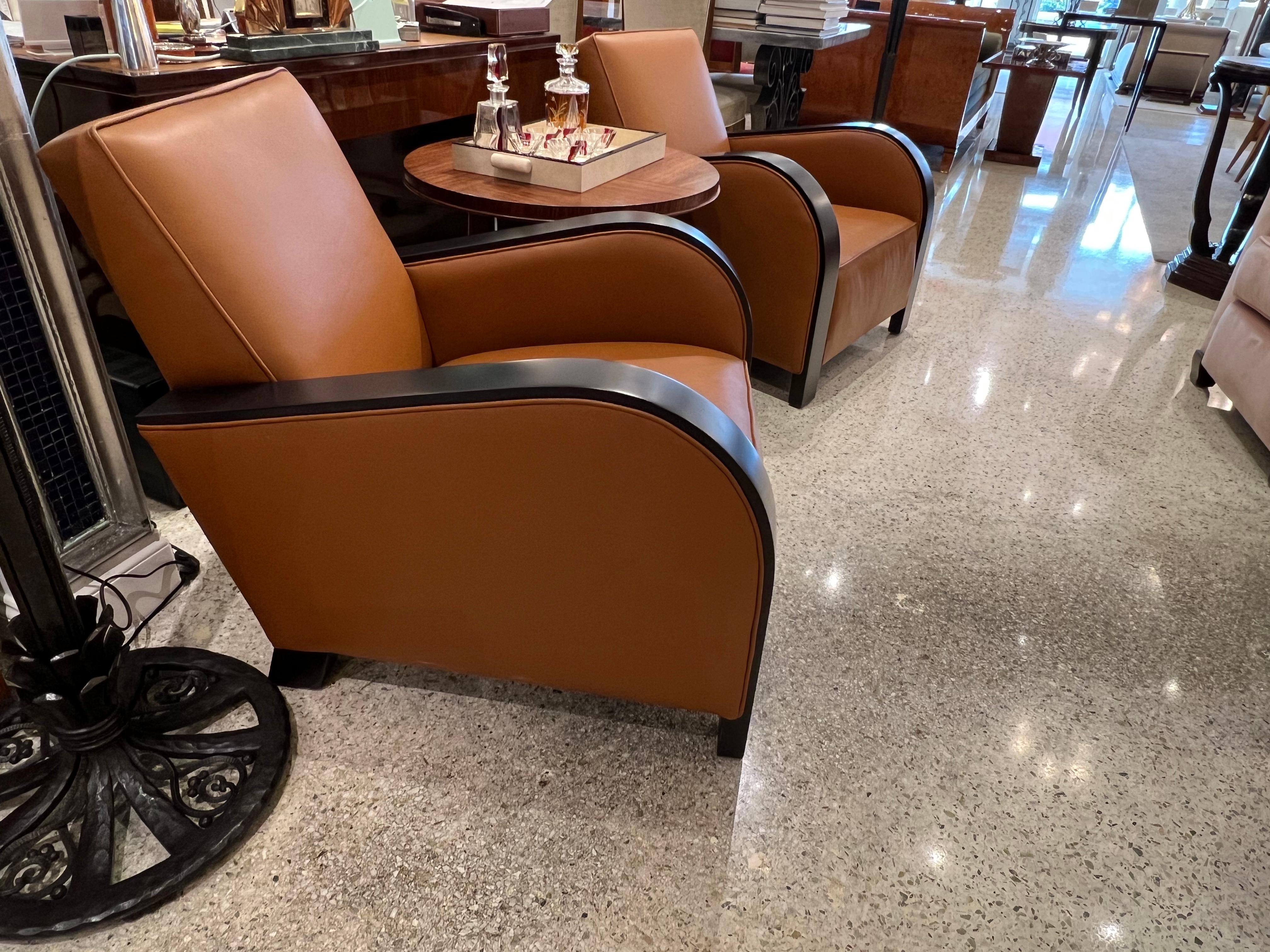 Leather Art Deco Pair of Club Chairs in the style of Jacques Adnet For Sale