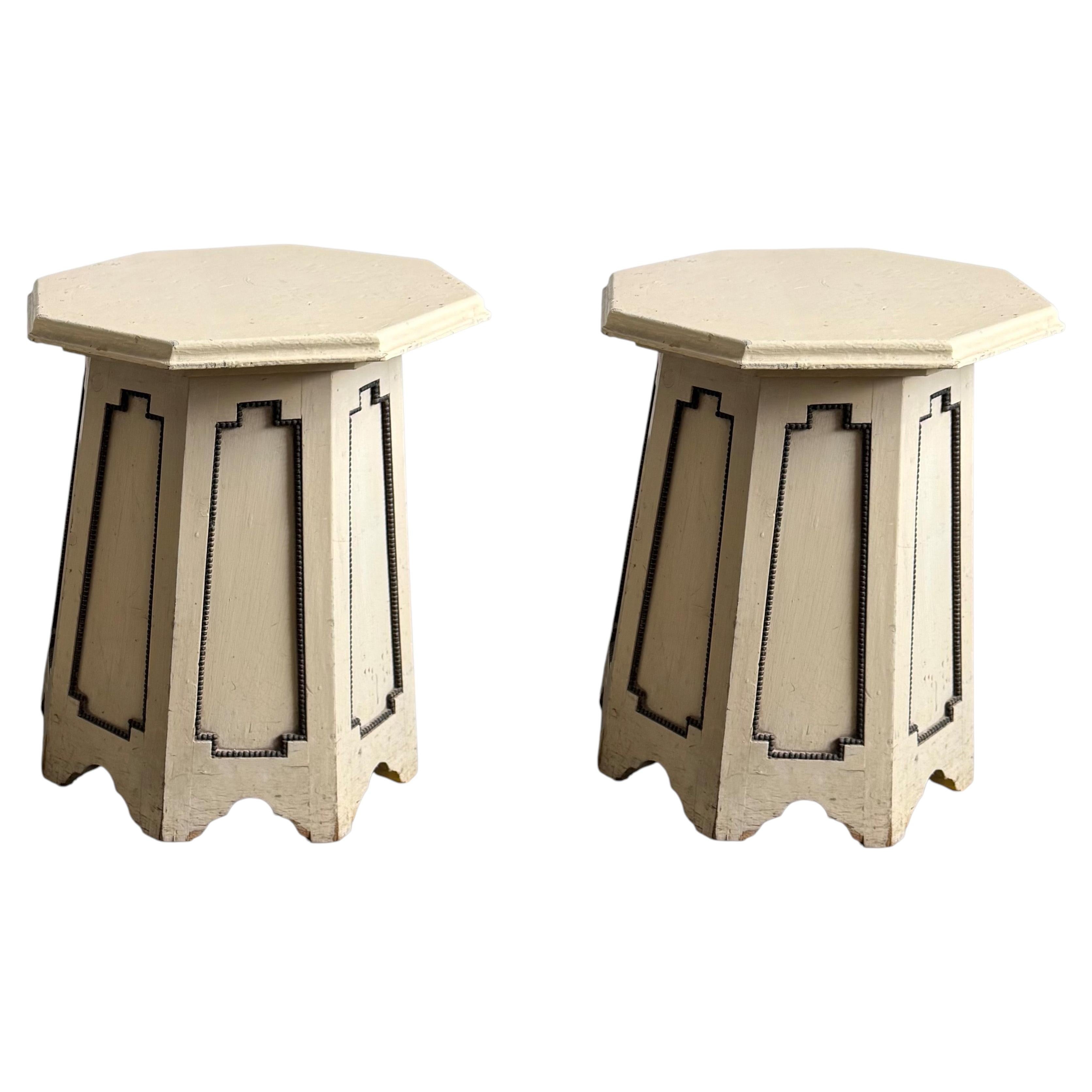 Art Deco Pair of Cream-Painted Wood Stands Side Tables, France 1920s