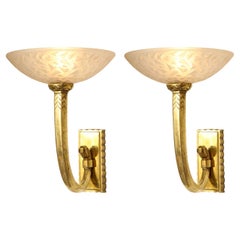 Vintage Art Deco Pair of Etched Glass and Bronze Cornucopia Sconces, 1930s