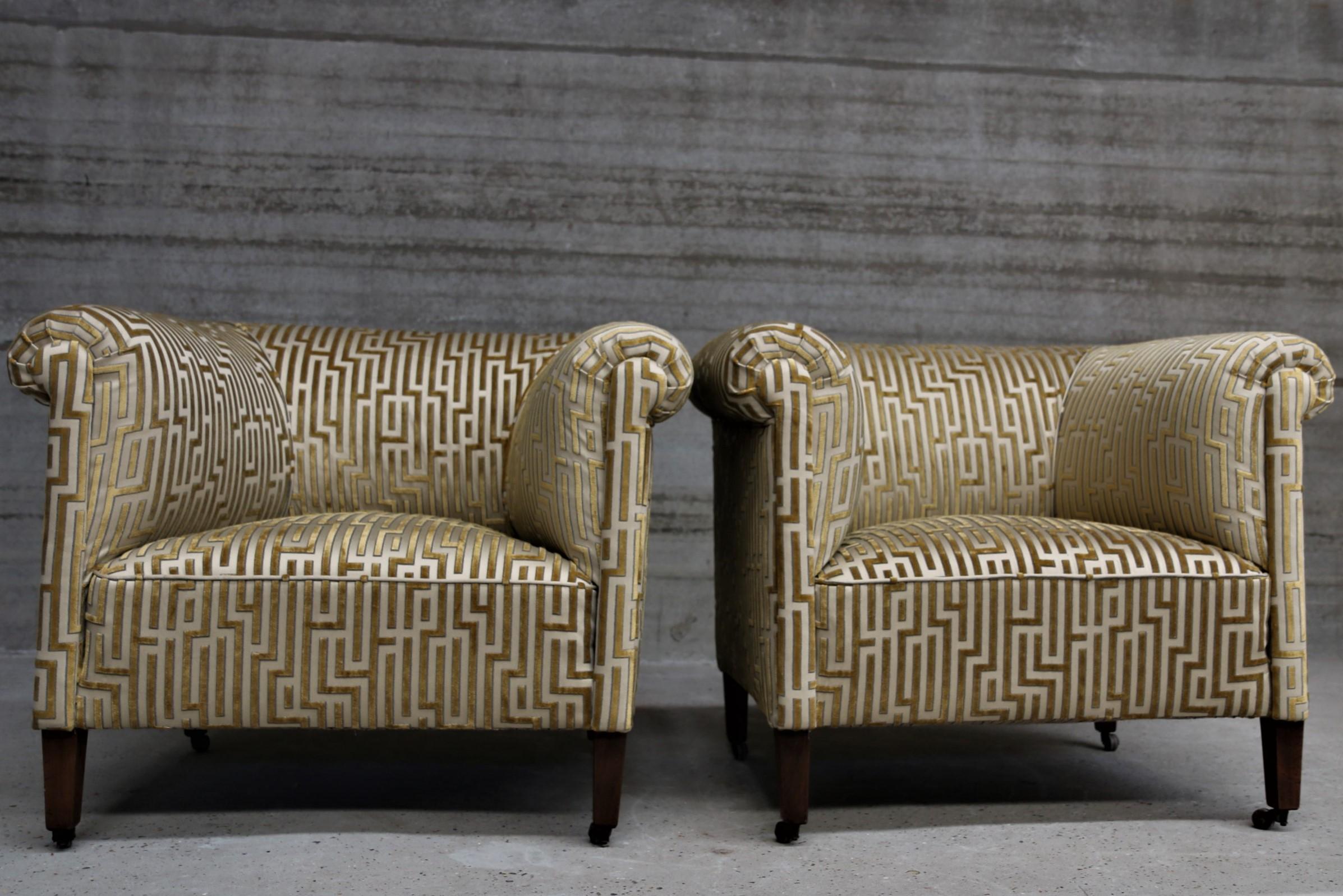 Art Deco Pair of Extra Large Roller Armchairs Re-Upholstered in Fendi Fabric For Sale 1
