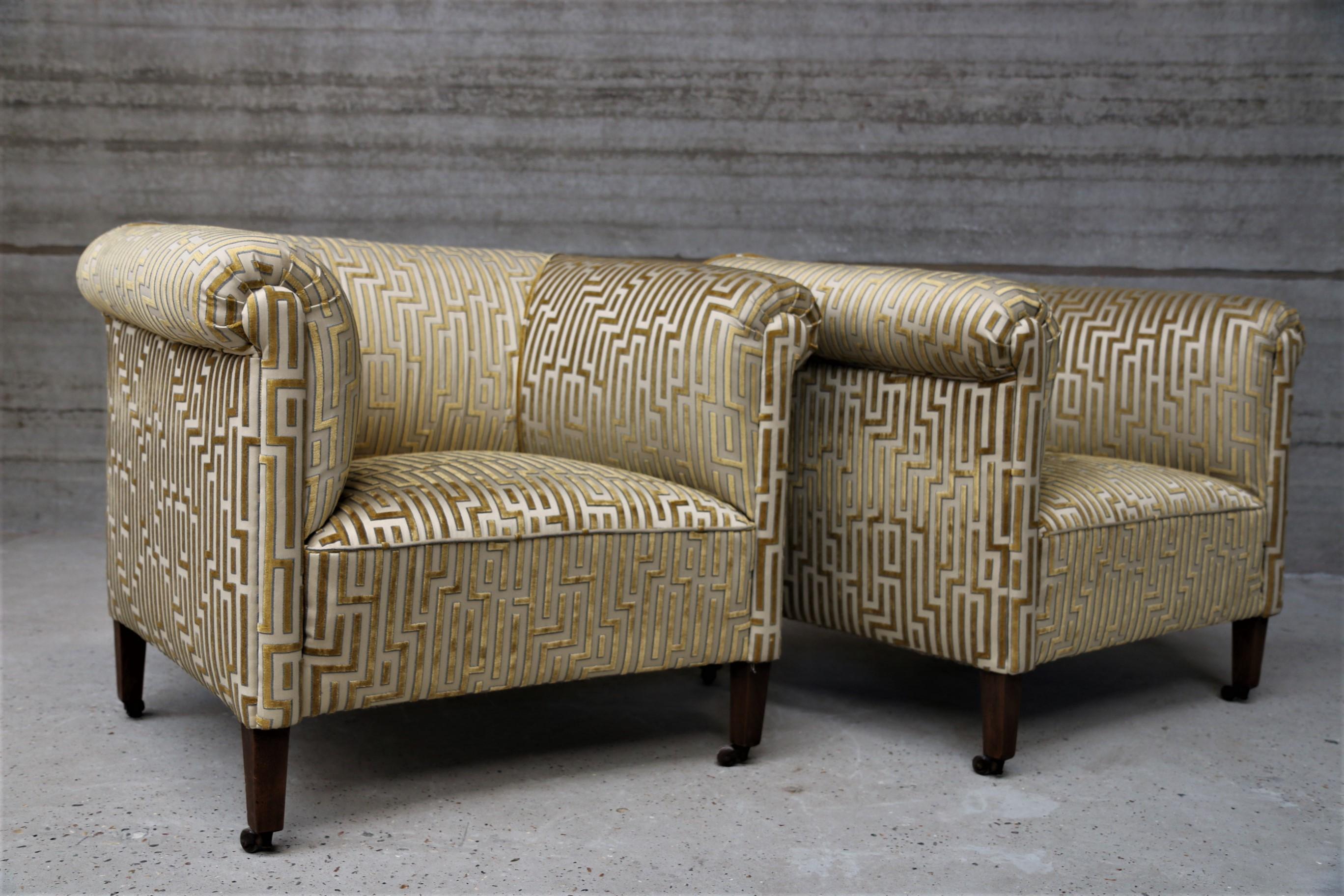 Art Deco Pair of Extra Large Roller Armchairs Re-Upholstered in Fendi Fabric For Sale 2