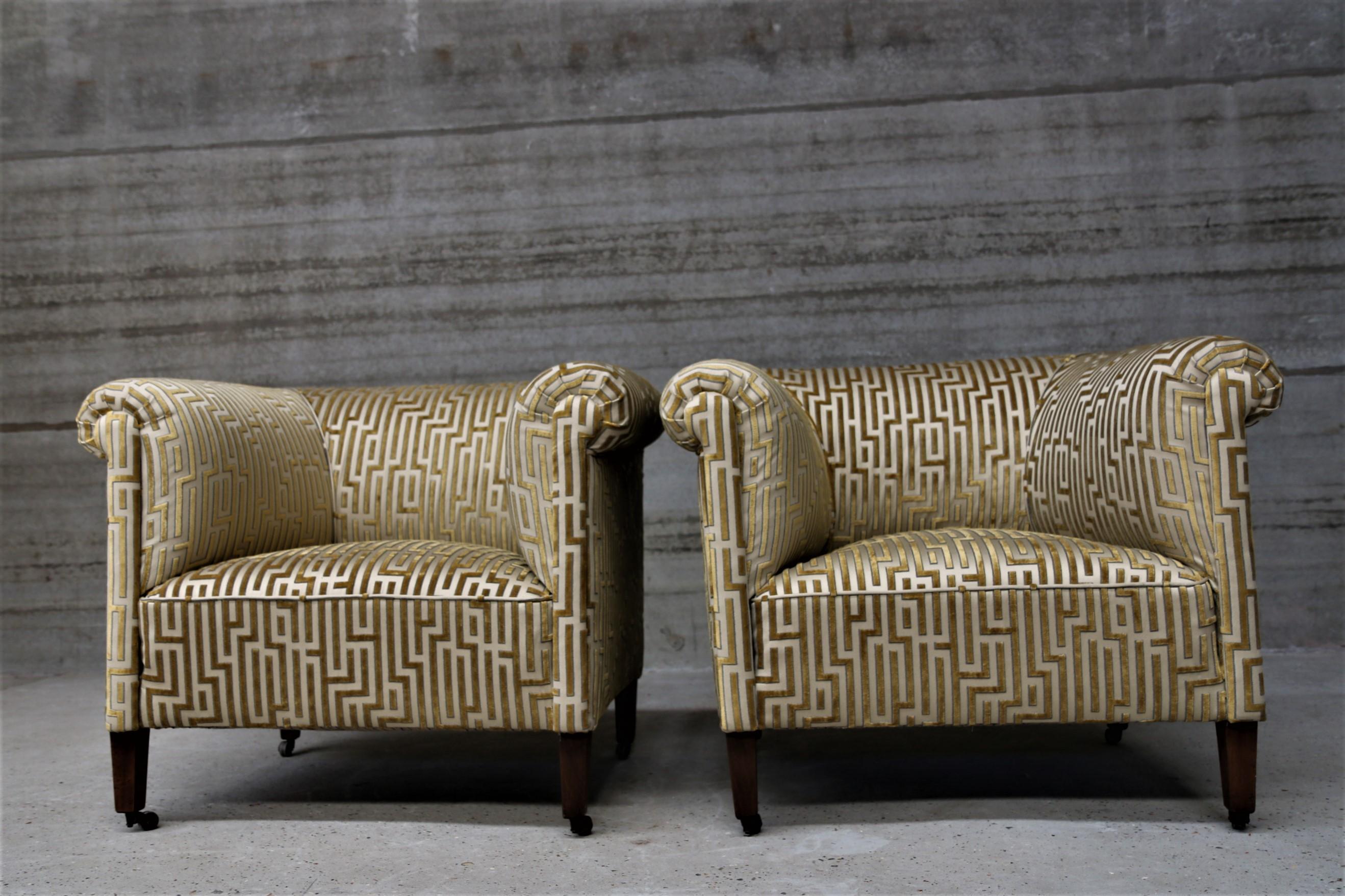 Oak Art Deco Pair of Extra Large Roller Armchairs Re-Upholstered in Fendi Fabric For Sale