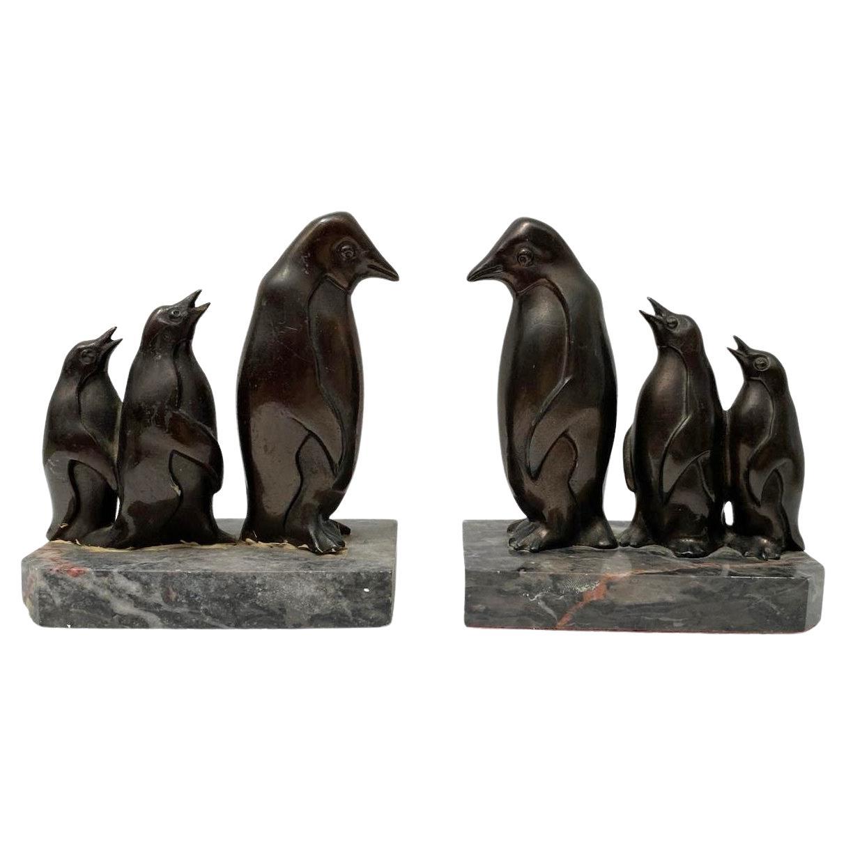 Art Deco Pair of Family Penguin Bookends, French, C1930