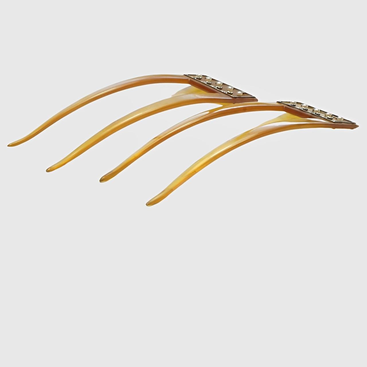 Art Deco Pair of Faux Tortoiseshell Hair Combs with Faux Pearls and Rhinestones In Good Condition In London, GB