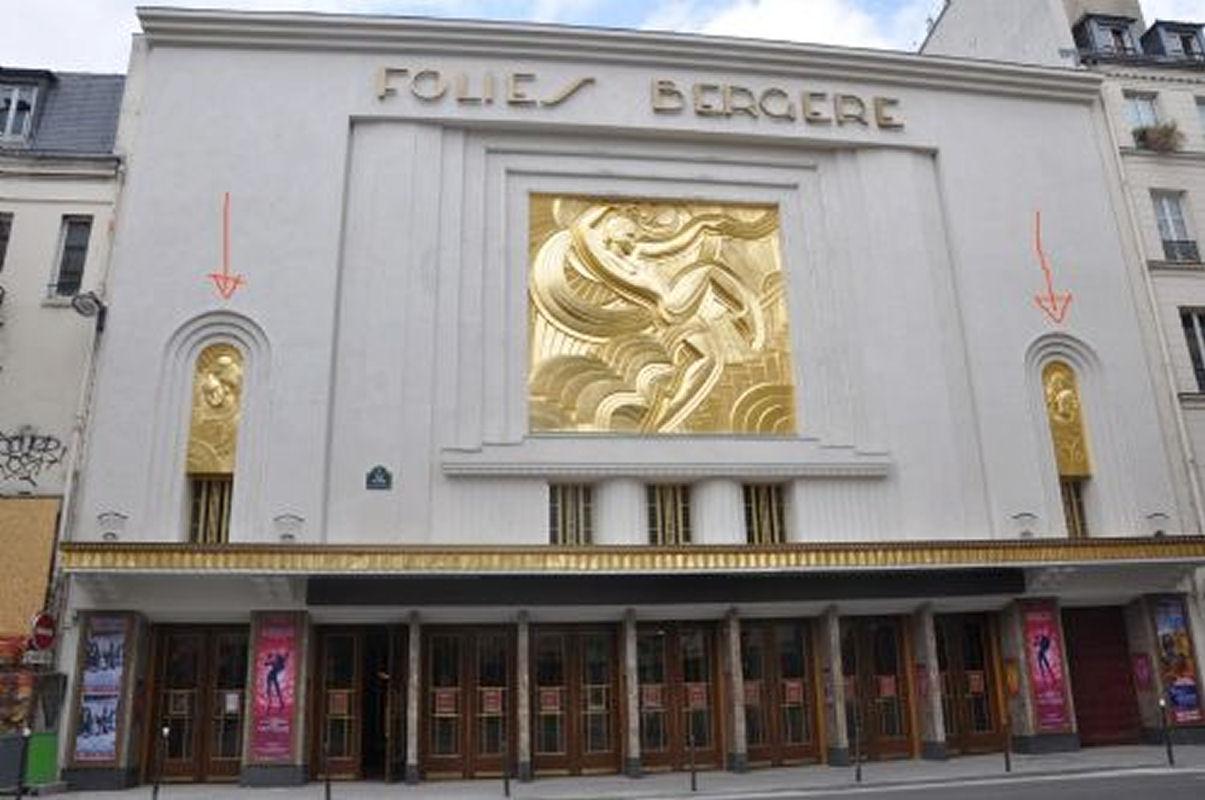 This is a super rare opportunity to acquire a pair of these beautifully reduced versions of the facade bas-relief of the Folies-Bergères cabaret.
One time designer, Pico who created the central dancing lady facade over the entrance to the Folies