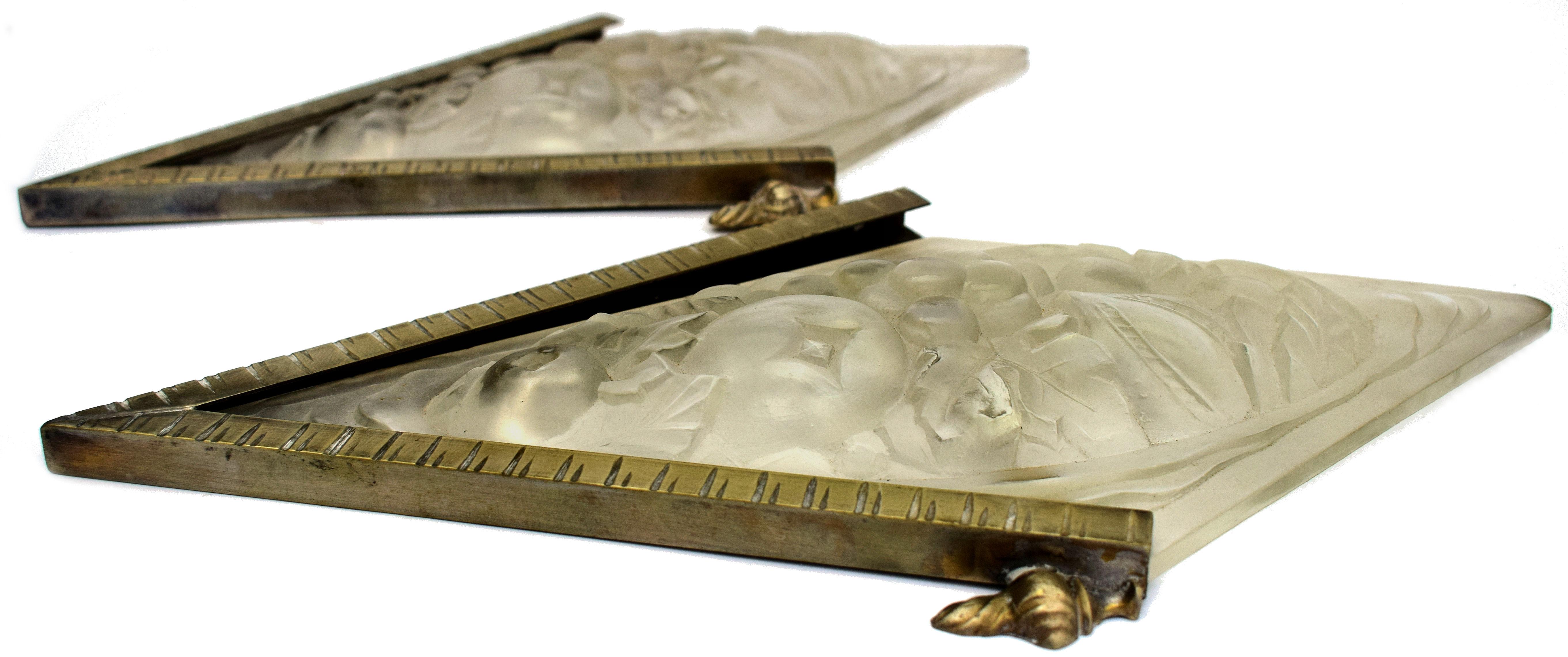 For your consideration are these beautiful matching pair of Art Deco French wall light sconces. White frosted embossed glass with foliage design, not signed but a known model possibly Muller Degué J. Robert. Beautiful little bronze mount backplate.