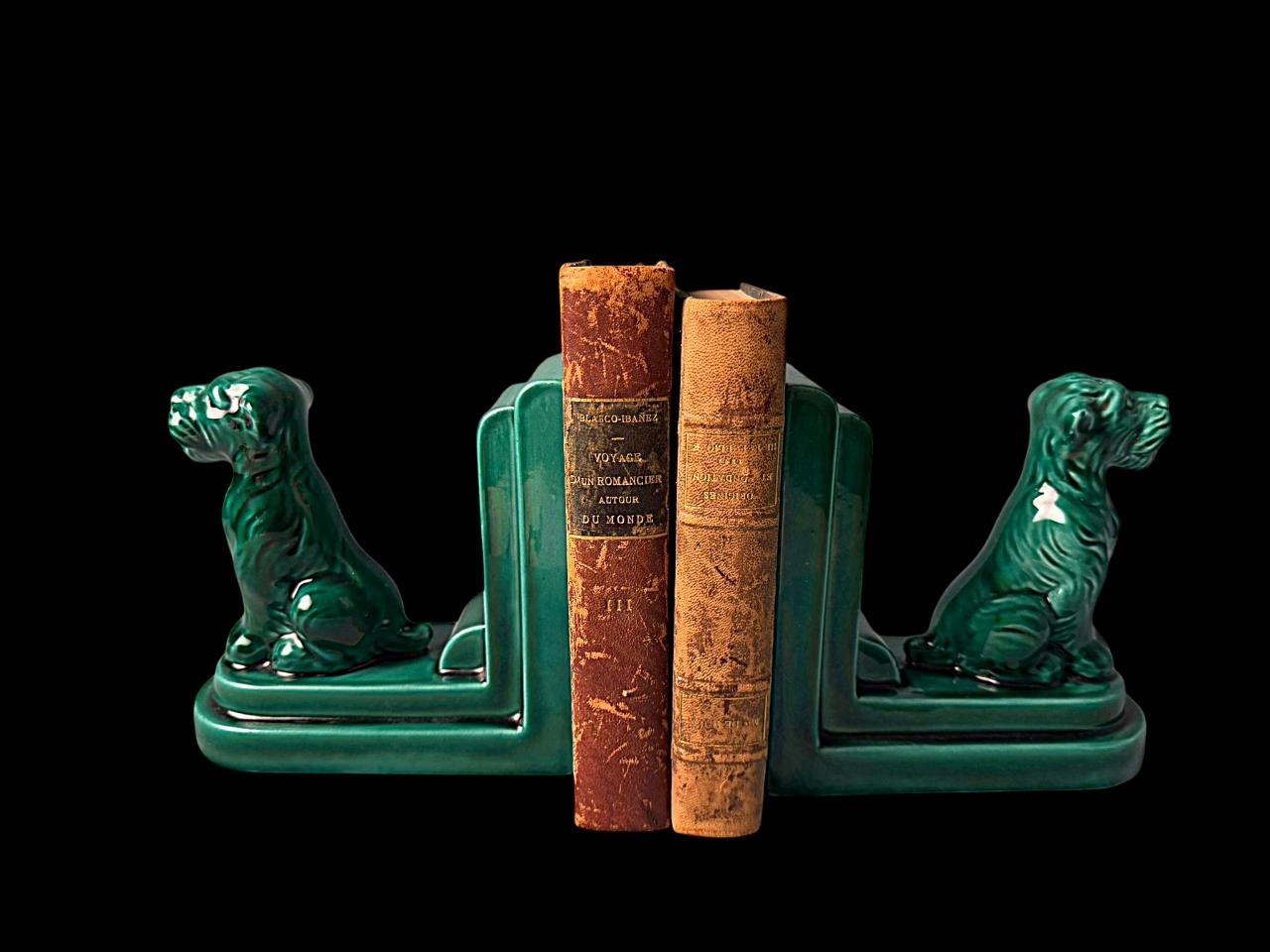 Art Deco Paar französische keramische Buchstützen im Saint Clément Stil im Angebot 6
