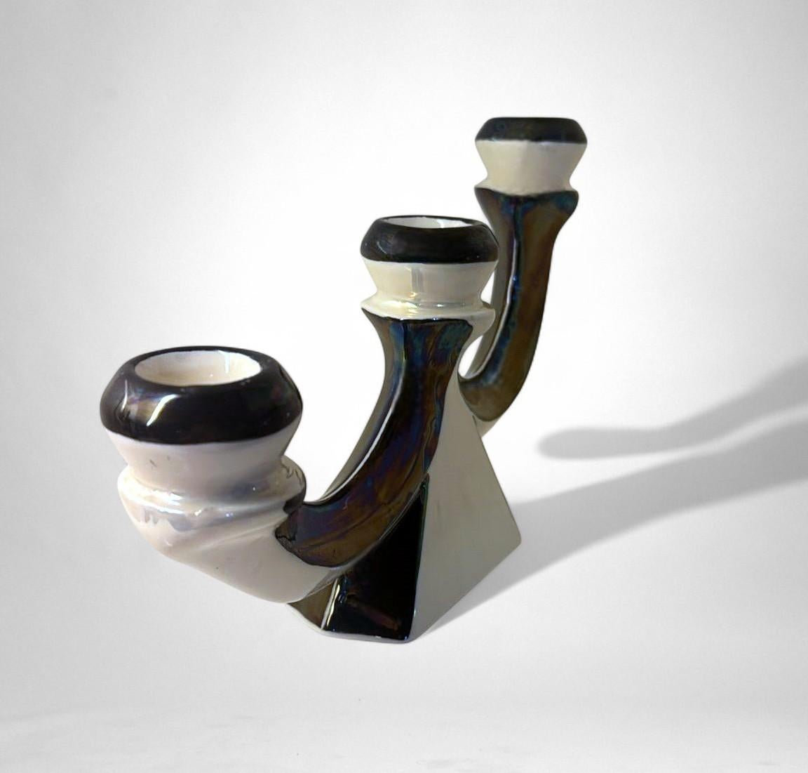 Coppia di portacandele in ceramica francese Art Déco con finitura a lustro iridescente in vendita 4