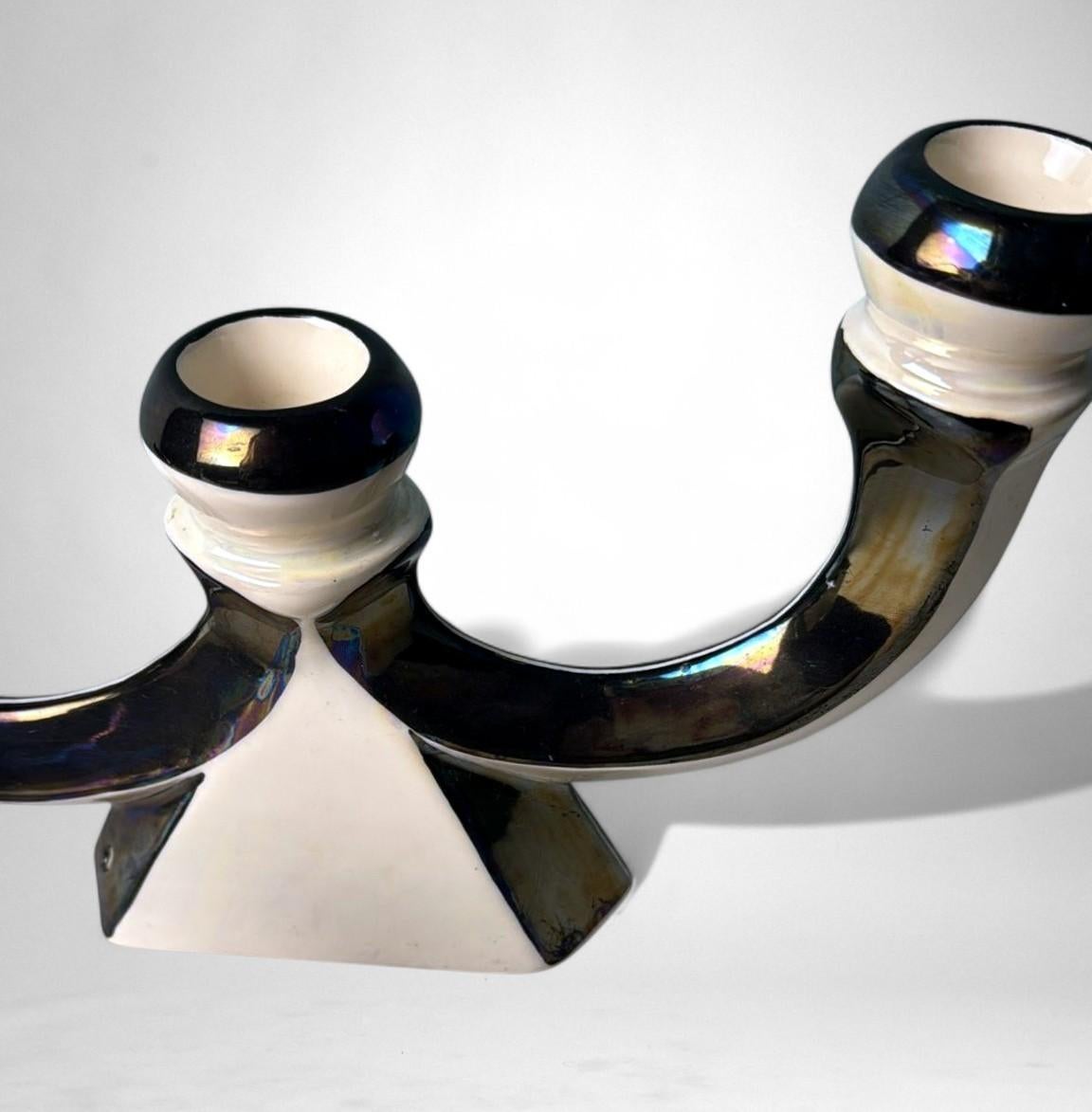 Coppia di portacandele in ceramica francese Art Déco con finitura a lustro iridescente in vendita 5