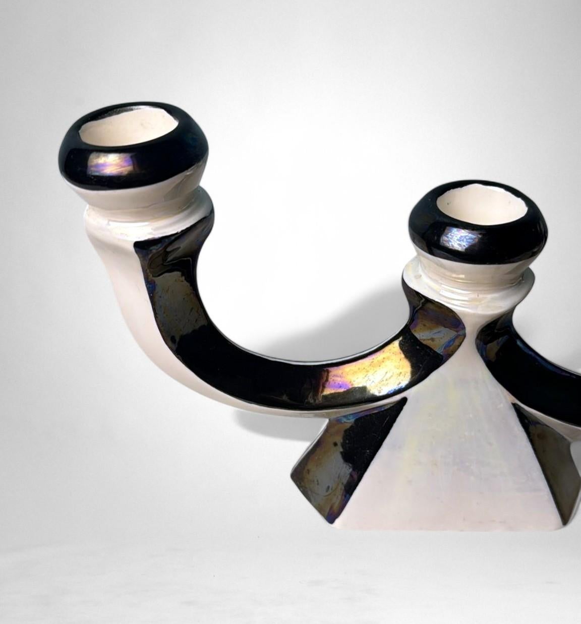 Coppia di portacandele in ceramica francese Art Déco con finitura a lustro iridescente in vendita 6