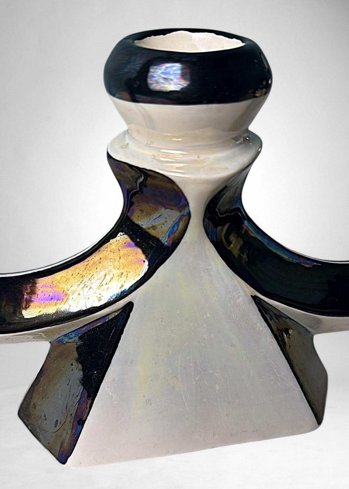 Coppia di portacandele in ceramica francese Art Déco con finitura a lustro iridescente in vendita 7