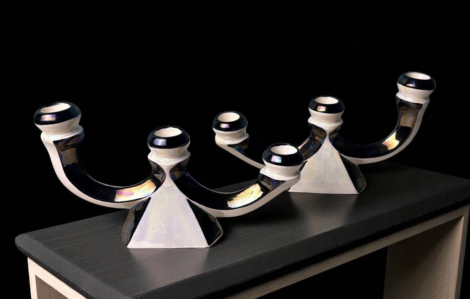 Coppia di portacandele in ceramica francese Art Déco con finitura a lustro iridescente in vendita 12