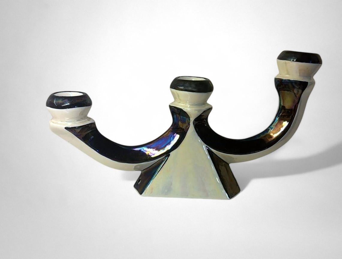 Coppia di portacandele in ceramica francese Art Déco con finitura a lustro iridescente in vendita 1