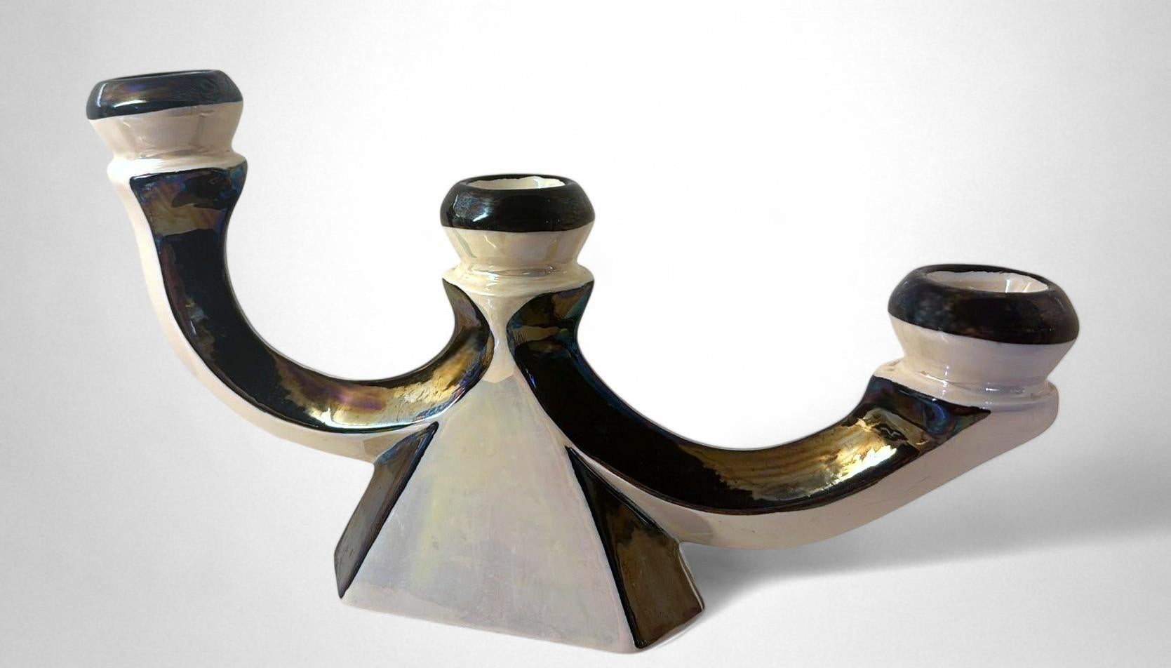 Coppia di portacandele in ceramica francese Art Déco con finitura a lustro iridescente in vendita 2