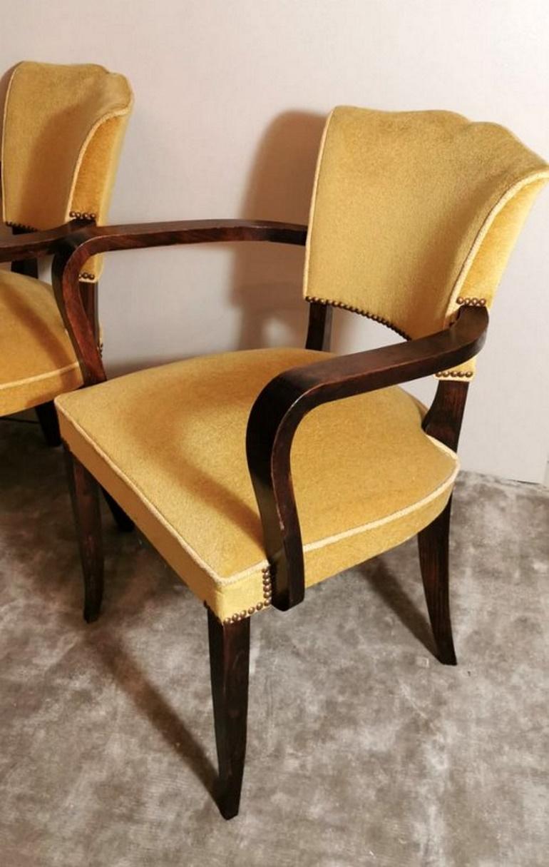 Velvet Art Deco Pair of French Chairs with Armrests