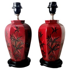 Vintage Art Deco Pair of French Glazed Ceramic Lamps and Lacquered Wood Base